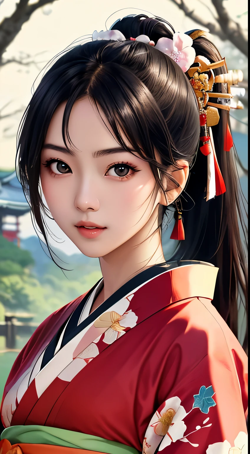 NSFW、最high quality、high quality、best image quality、8k、最High resolution、High resolution、最high quality、masterpiece、Extreme close-up portrait、Raw photo、realistic atmosphere、(detailed face)、(fine hands、thumb１reference４)、(beauty of japan )、very nice face、cute face、((beautiful japanese girl))、(japanese woman), ((1 beautiful girl))、(glossy black hair)、(straight long hair)、(ponytail)、whole body、slim style、(shiny skin)、(Fair skin, Glossy skin)、real human skin、realistic human body structure、perfect body， perfect face， perfect hands， perfect fingers， perfect lips， perfect eyes，perfect teeth、perfect background， perfect atmosphere， natural soft light、photon mapping、japanese samurai、japanese samurai、Japanese swordsman、((Japanese female samurai holding a Japanese sword))、(Girl wearing Japanese samurai costume)、warrior girl、Japanese sword、japanese traditional、((Japanese sword(gently curved long sword))、((Floral kimono(Sheer、sexly、transparent、erotic))、((A girl holding a sharp Japanese sword))、In front of a samurai residence in Japan、((random color floral pattern(samurai kimono、Hakama with slit))、A dynamic stance that reflects the swordsmanship cultivated as a samurai.、sword-drawing posture、Iainuki stance、