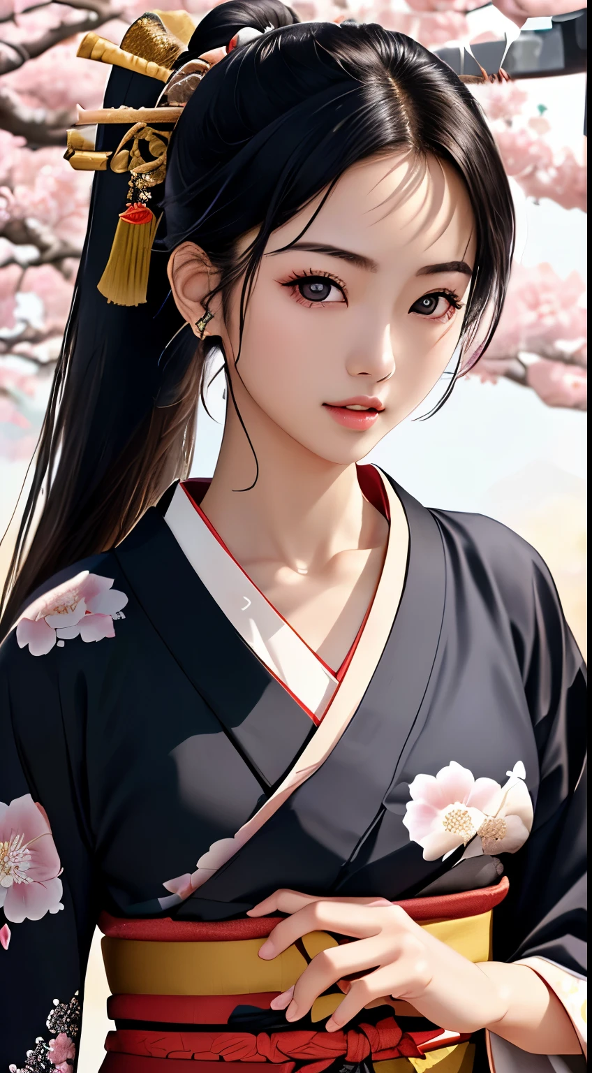 NSFW、最high quality、high quality、best image quality、8K、最High resolution、High resolution、最high quality、masterpiece、Extreme close-up portrait、Raw photo、realistic atmosphere、(detailed face)、(fine hands、thumb１reference４)、(beauty of japan )、very nice face、cute face、((beautiful japanese girl))、(japanese woman), ((18 year old beautiful girl))、(glossy black hair)、(straight long hair)、(ponytail)、whole body、slim style、(shiny skin)、(Fair skin, Glossy skin)、real human skin、realistic human body structure、perfect body， perfect face， perfect hands， perfect fingers， perfect lips， perfect eyes，perfect teeth、perfect background， perfect atmosphere， natural soft light、photon mapping、japanese samurai、japanese samurai、Japanese swordsman、((Japanese swordを手に持つ日本の女武士))、(Girl wearing Japanese samurai costume)、warrior girl、Japanese sword、japanese traditional、((Japanese sword(gently curved long sword))、((floral kimono(Sheer、sexy、transparent、erotic))、((鋭いJapanese swordを手に持つ女の子))、In front of a samurai residence in Japan、((random color floral pattern(samurai kimono、Hakama with slit))、A dynamic stance that reflects the swordsmanship cultivated as a samurai.、sword-drawing posture、Iainuki stance、