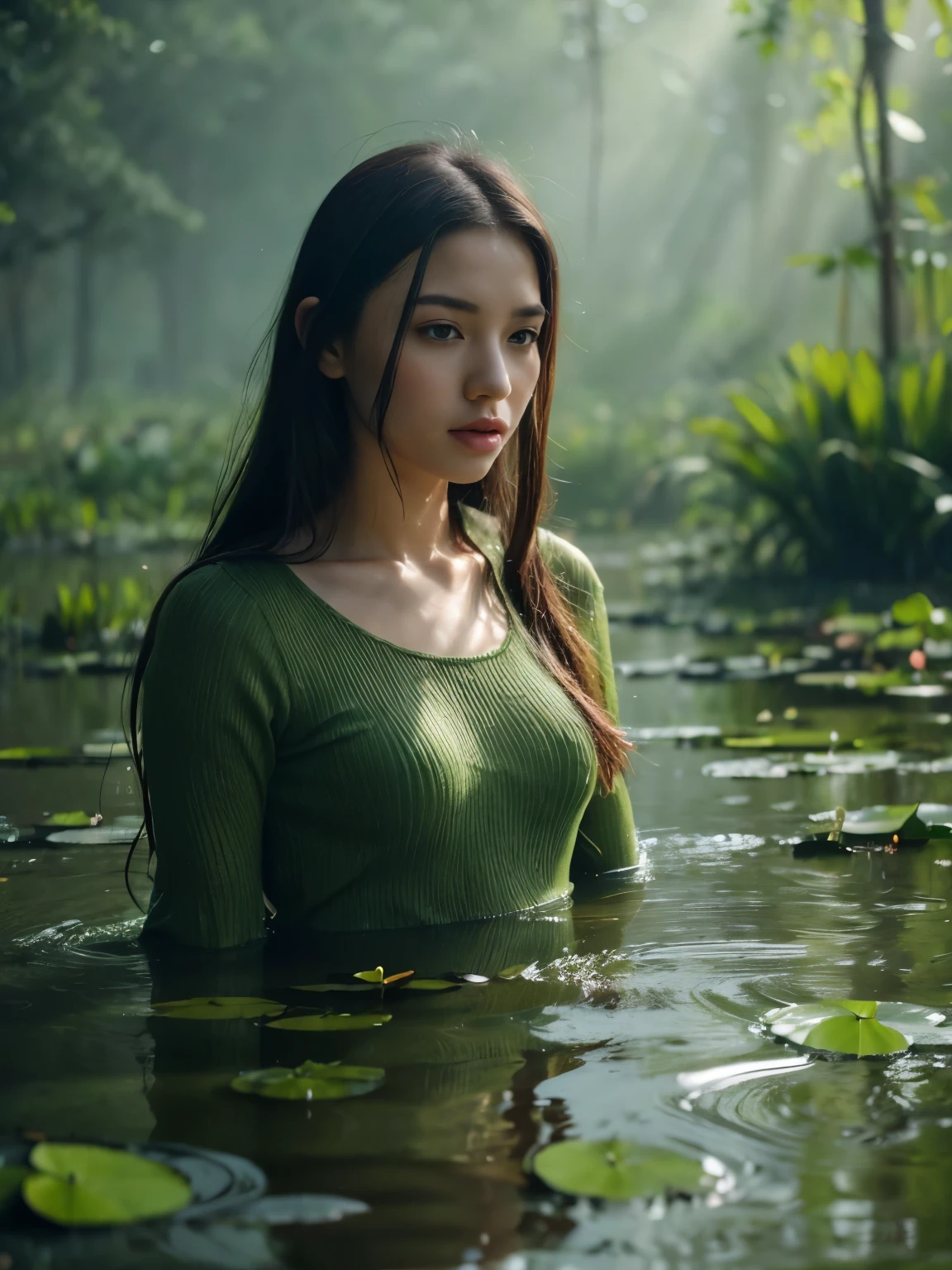 (best quality,highres:1.2),ultra-detailed,(realistic:1.37),portrait,forest-green color palette,soft lighting,a tragic atmosphere,swamp reflections,emotional,dreamlike,subtle shadows,tangled hair,refraction effects,raindrop texture,dramatic mood,longing,pond,soft focus,falling leaves,sadness,stillness,submerged,desperate eyes,crimson lips,rustling grass,foggy background,lonesome,open space,graceful posture,water lilies,peaceful,searching for hope,serenity,hopelessness,delicate features,whispering winds.