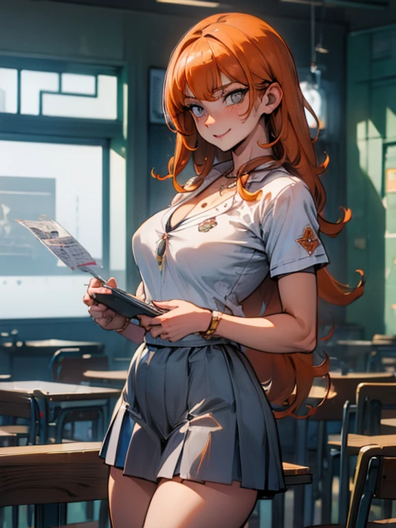 rangikumatsumoto, rangiku matsumoto, long hair, (grey eyes:1.5), orange hair, mole, mole under mouth, parted bangs, smile,
BREAK skirt, shirt, cleavage, jewelry, school uniform, pleated skirt, necklace, chain, collar, short sleeves, grey skirt, white shirt,
BREAK indoors, classroom,
BREAK looking at viewer, (cowboy shot:1.5),
BREAK (masterpiece:1.2), best quality, high resolution, unity 8k wallpaper, (illustration:0.8), (beautiful detailed eyes:1.6), extremely detailed face, perfect lighting, extremely detailed CG, (perfect hands, perfect anatomy),