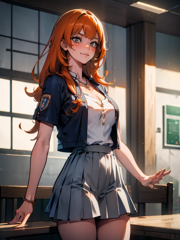 rangikumatsumoto, rangiku matsumoto, long hair, (grey eyes:1.5), orange hair, mole, mole under mouth, parted bangs, smile,
BREAK skirt, shirt, cleavage, jewelry, school uniform, pleated skirt, necklace, chain, collar, short sleeves, grey skirt, white shirt,
BREAK indoors, classroom,
BREAK looking at viewer, (cowboy shot:1.5),
BREAK (masterpiece:1.2), best quality, high resolution, unity 8k wallpaper, (illustration:0.8), (beautiful detailed eyes:1.6), extremely detailed face, perfect lighting, extremely detailed CG, (perfect hands, perfect anatomy),