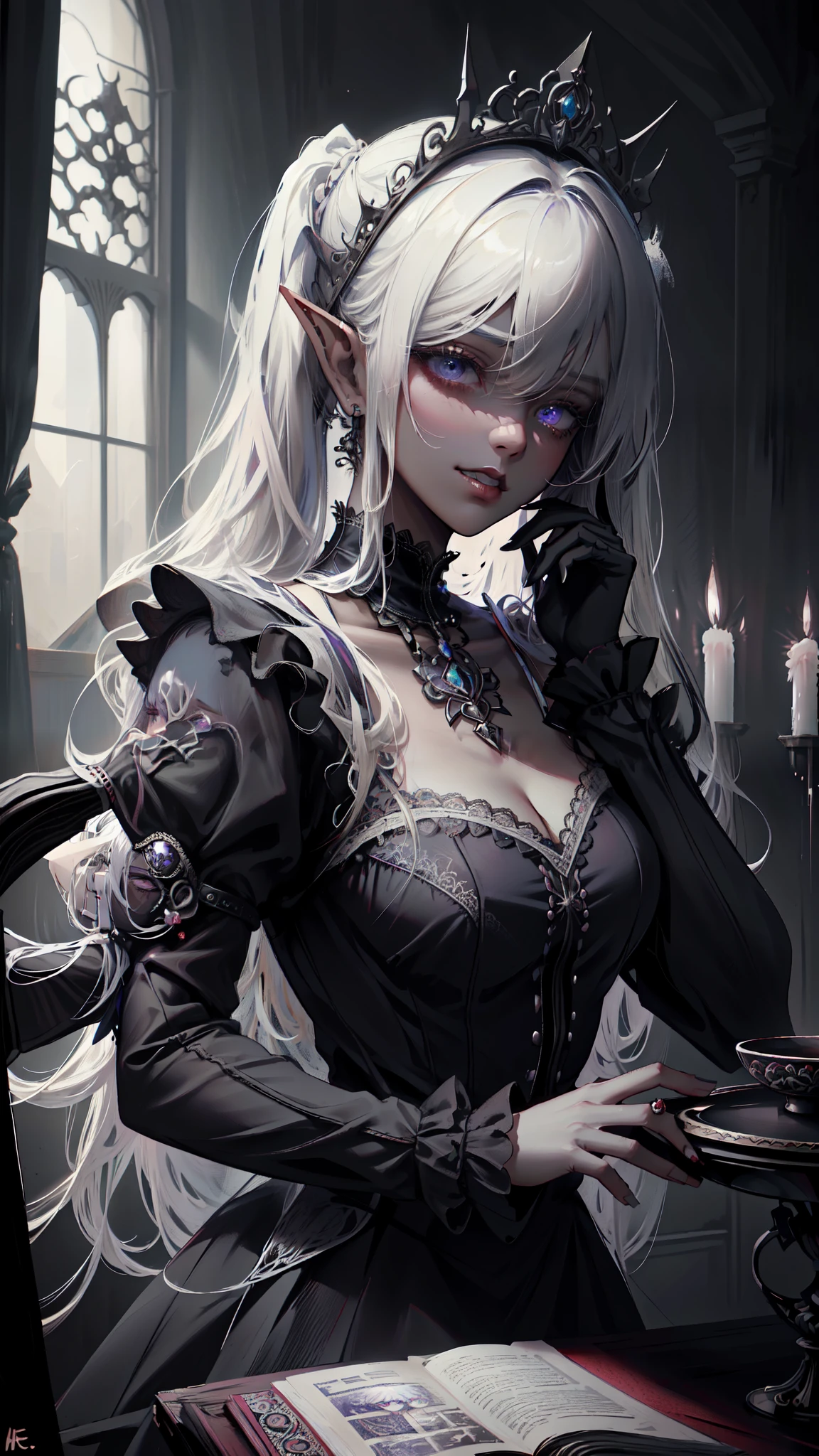 ((masterpiece )), (top quality), (best quality), ((ultra-detailed, 8k quality)), Aesthetics, volumetric lighting, (detailed line art), 
BREAK, 
highly detailed of ( dark elf), (1girl), perfect face, details eye, double pigtails hair, Blunt bangs, (hair between eye), blonde white hair, violet eyes, eyelashes, eyeshadow, pink eyeshadow, light smile, design art by Artgerm, by Kawacy, By Yoshitaka Amano,
BREAK,
portrait, frensh maid in a frensh maid outfit, victorian goth maid, headdress, indoors, ((antique victorian mansion)), dusty, dimly lit, candleholders, covered in cobwebs, cowboy shot, dynamic angle, side table, dangling her feet, glaring, grin, looking at viewer, rests her chin on her hand, (graphic background, (plain background)), correct anatomy, amano yoshitaka, webbedtech, fuzzy organic webs, eroguronansensu, horror, ゴート, gothic artstyle,Chiaroscuro,  
BREAK, 
((perfect anatomy)), nice body, medium breast, extremely detailed finger, best hands, perfect face, beautiful face, beautiful eyes, perfect eyes, perfect fingers, (dark skin)