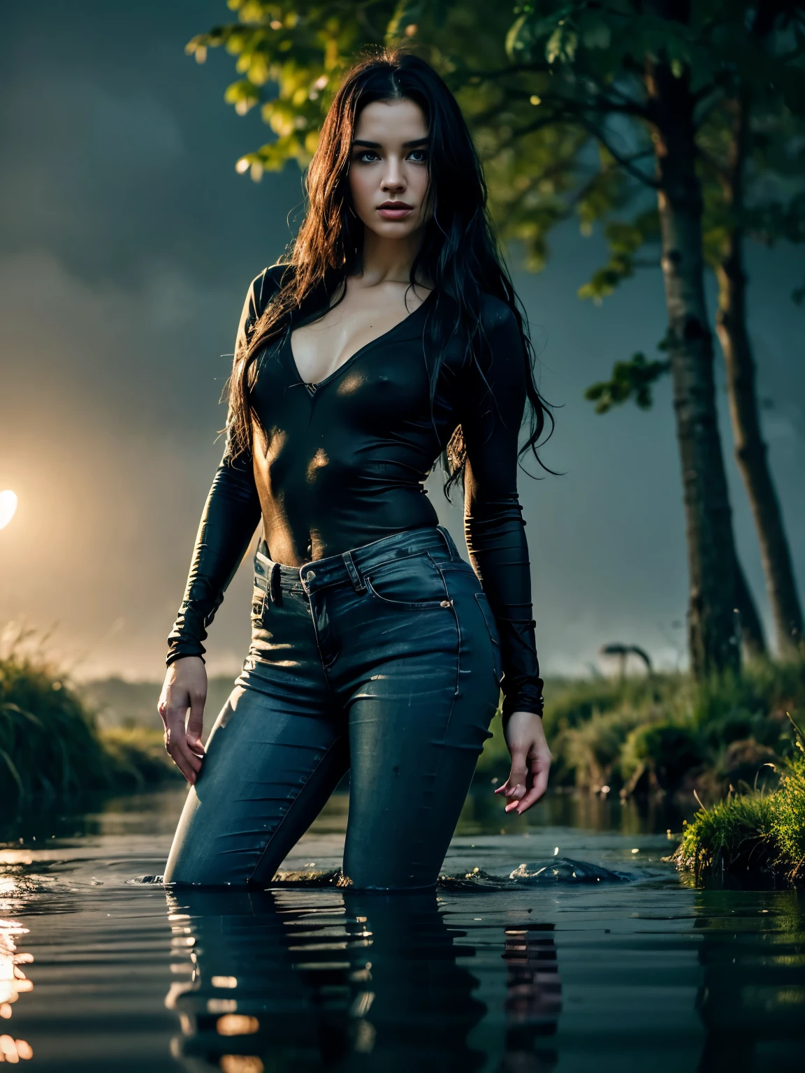 A woman in black leather pants standing in water with trees in the  background - SeaArt AI