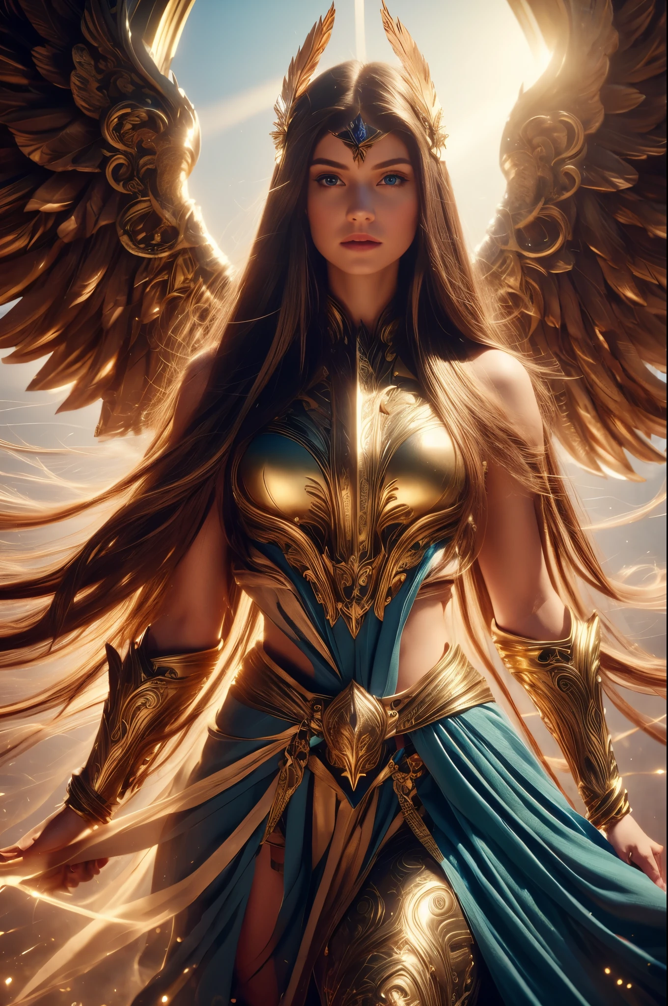 WINGED WOMAN, SAINT WOMAN, HUGE LONG HAIR, BROWN HAIR, HUGE BROWN FEATHERS, LONG BLUE DRESS, PALE SKIN, BLUE EYES, LIGHTING EYES, ROSY CHEEKS, MENTAL FORAMEN, ATHLETIC BODY, MUSCLES, LIGHTING AURA, GOLD BRACELETS, GOLD GAUNTLETS, BACKLIGHTS, SUN, RIVER, SAINT WOMAN, FRONT BODY VIEW, ANGEL FROM HEAVEN