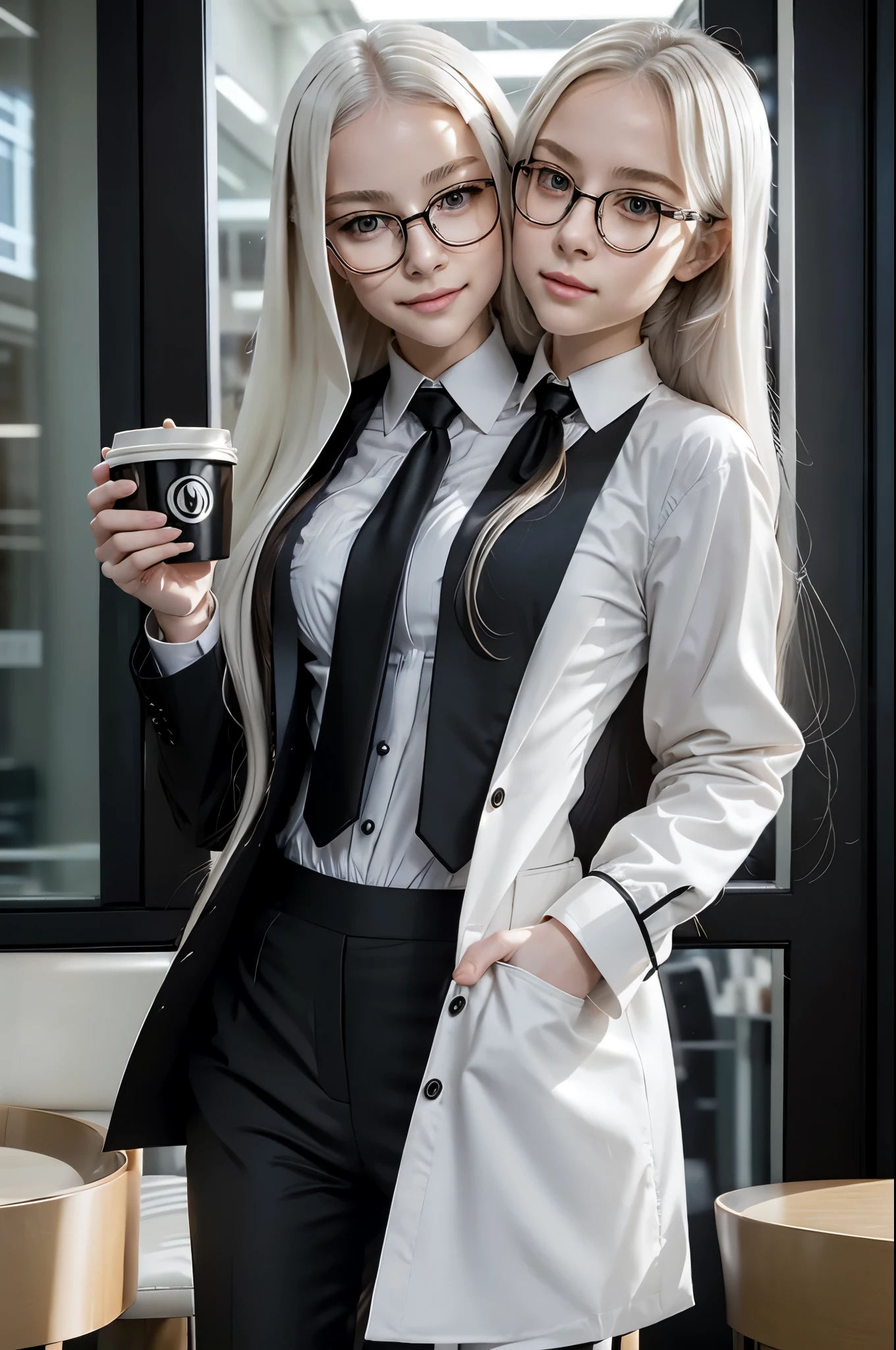 2heads, 1girl, glasses, very long white hair,  body, short, black necktie, jacket, trouser, collared shirt, Black pantsuit, white shirt, holding a coffee, masterpiece, high quality, absurdres, office, beautiful background, holding cup of coffee, looking at each other, kissing, kiss, french kiss, lips touching