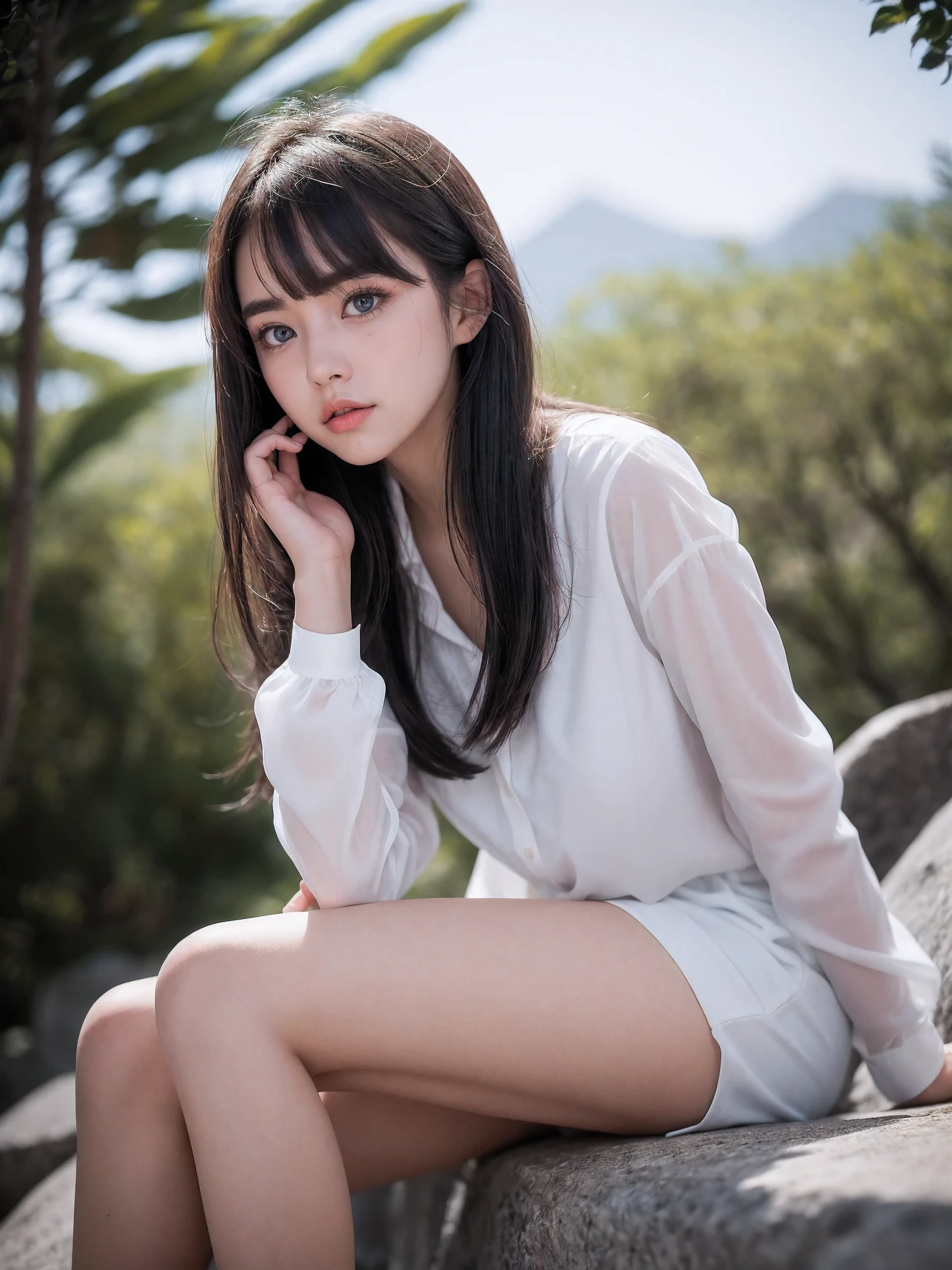 1girl, long hair, white clothes, solo,blunt bangs, blue eyes, half mouth, shy face, embarrassed face, full face powder blusher,eyelashes,(Clear Eyeright Lights), Shirts, Girls, Skin Fair and Smooth, Stone Beans, Landscape, Mountaineering Architecture, Trees, Outdoor, Sitting,(depth_of_field:1.5),