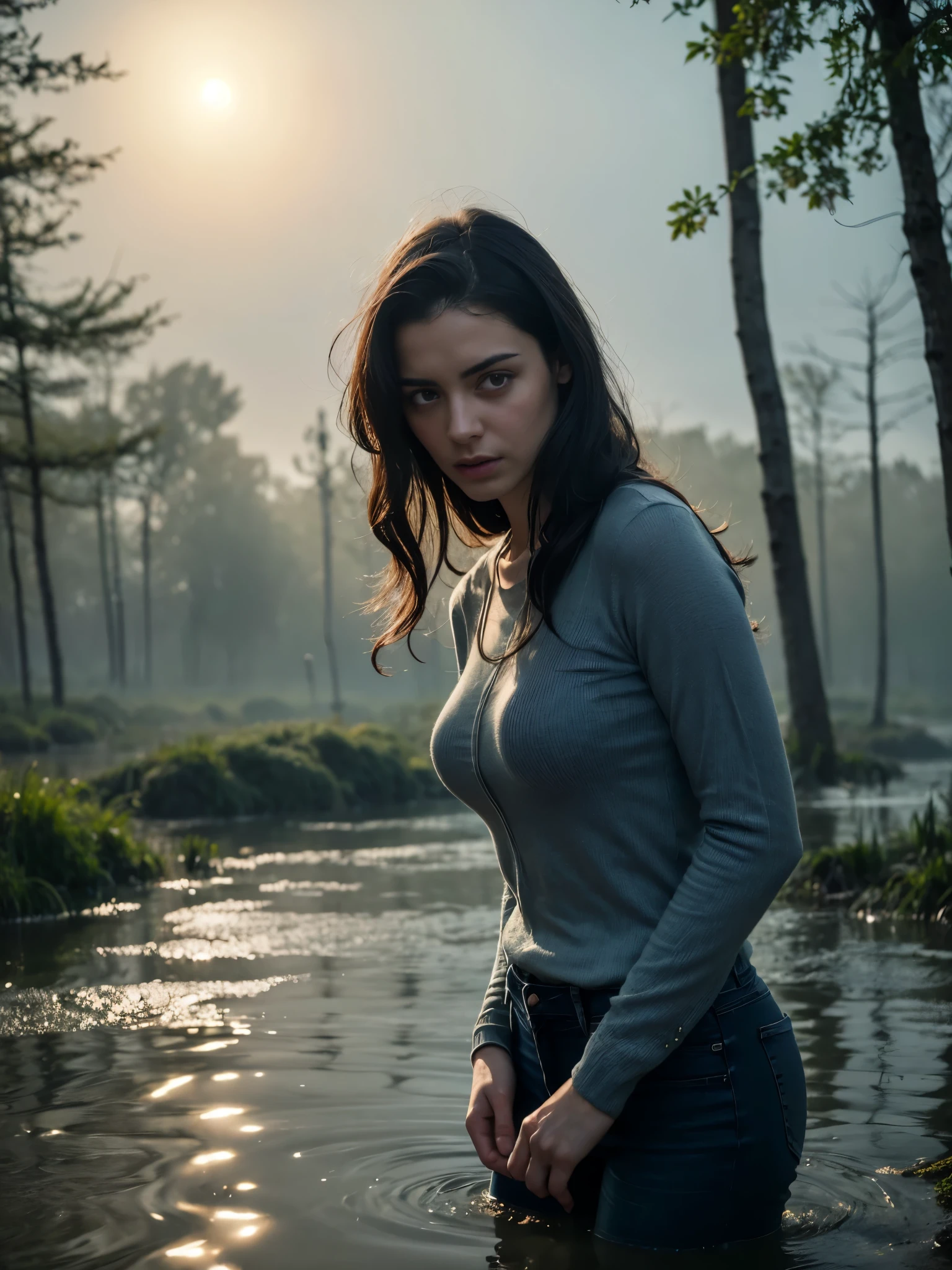 A  hot girl, drown in a swamp in a chest,illustartion, (Best Quality,4k,8K,hight resolution,Masterpiece:1.2),Ultra-detailed,(Realistic,photoRealistic,photo-Realistic:1.37),Horror,dark and gloomy atmosphere with dramatic lighting, Vivid colors, Foggy surroundings, the trees, covered with moss, detailed facial expression, long wavy hair floats in the water, Reflections on the surface of the water, Eerie fog. Jeans