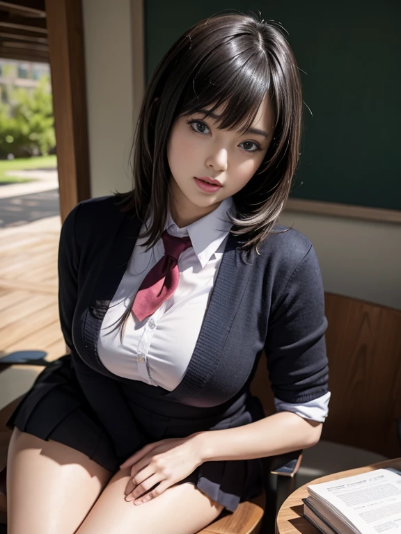 school uniform, short black hair bangs, class room scenery, crowded people, sitting, big hips, big thighs, reading book, with soft focus on the image, side view far,