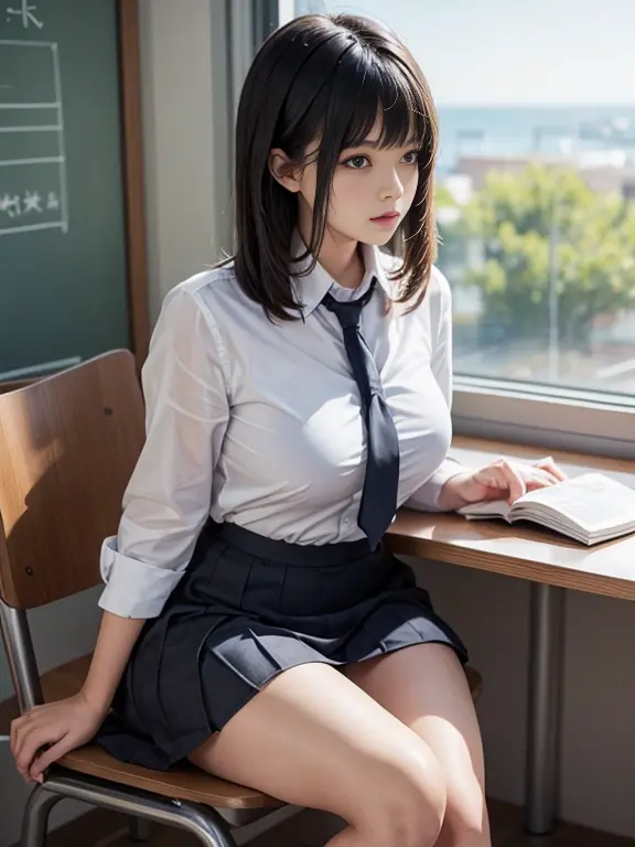 school uniform, short black hair bangs, class room scenery, crowded people, sitting in front of a desk, big hips, big thighs, re...