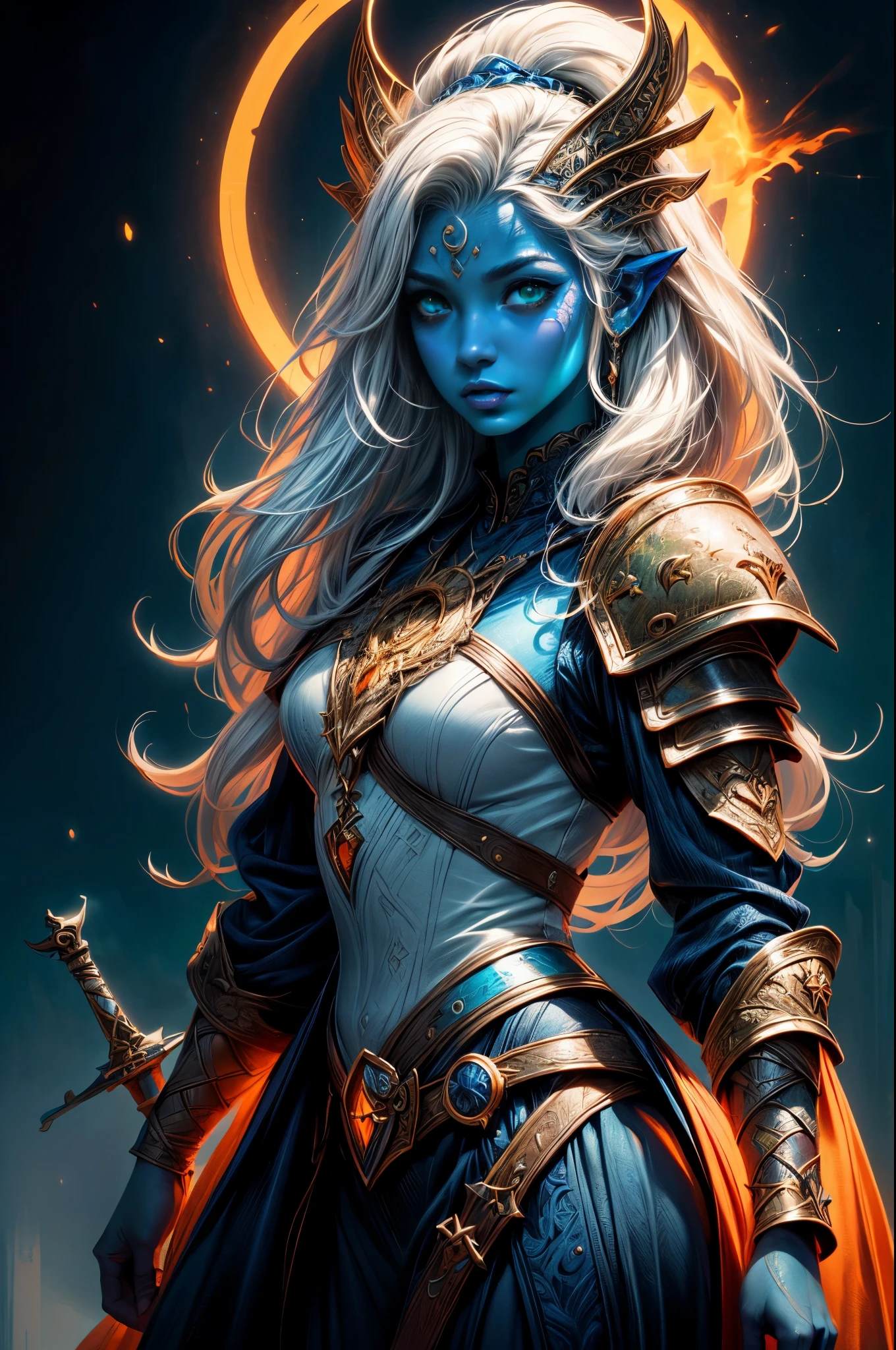 fantasy art, dnd art, RPG art, wide shot, (masterpiece: 1.4) portrait, intense details, highly detailed, photorealistic, best quality, highres, portrait a vedalken female (fantasy art, Masterpiece, best quality: 1.3) ((blue skin: 1.5)), intense details facial details, exquisite beauty, (fantasy art, Masterpiece, best quality) cleric, (blue colored skin: 1.5) 1person blue_skin, blue skinned female, (white hair: 1.3), long hair, intense green eye, fantasy art, Masterpiece, best quality) armed a fiery sword red fire, wearing heavy (white: 1.3) half plate mail armor, wearing high heeled laced boots, wearing an(orange :1.3) cloak, wearing glowing holy symbol GlowingRunes_yellow, within fantasy temple background, reflection light, high details, best quality, 16k, [ultra detailed], masterpiece, best quality, (extremely detailed), close up, ultra wide shot, photorealistic, RAW, fantasy art, dnd art, fantasy art, realistic art,((best quality)), ((masterpiece)), (detailed), perfect face