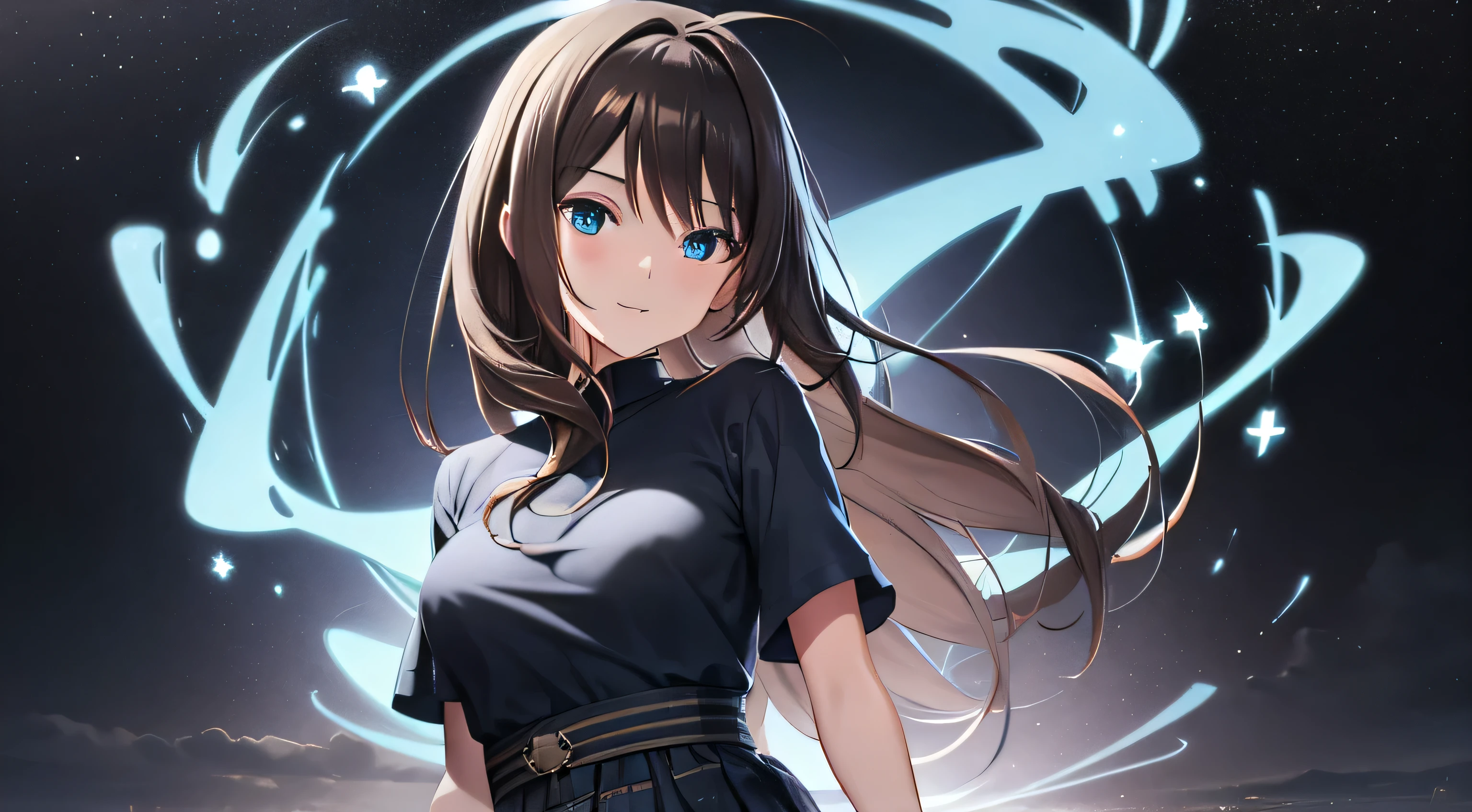 Eki Kawahara, long hair, black hair, ahoge, blue eyes, small breast, medium skirt, casual clothes, smiling, standing, waiting, BREAK looking at viewer, BREAK universe, space, galaxies, singularity, BREAK (masterpiece:1.2), best quality, high resolution, unity 8k wallpaper, (illustration:0.8), (beautiful detailed eyes:1.6), extremely detailed face, perfect lighting, extremely detailed CG, (perfect hands, perfect anatomy),