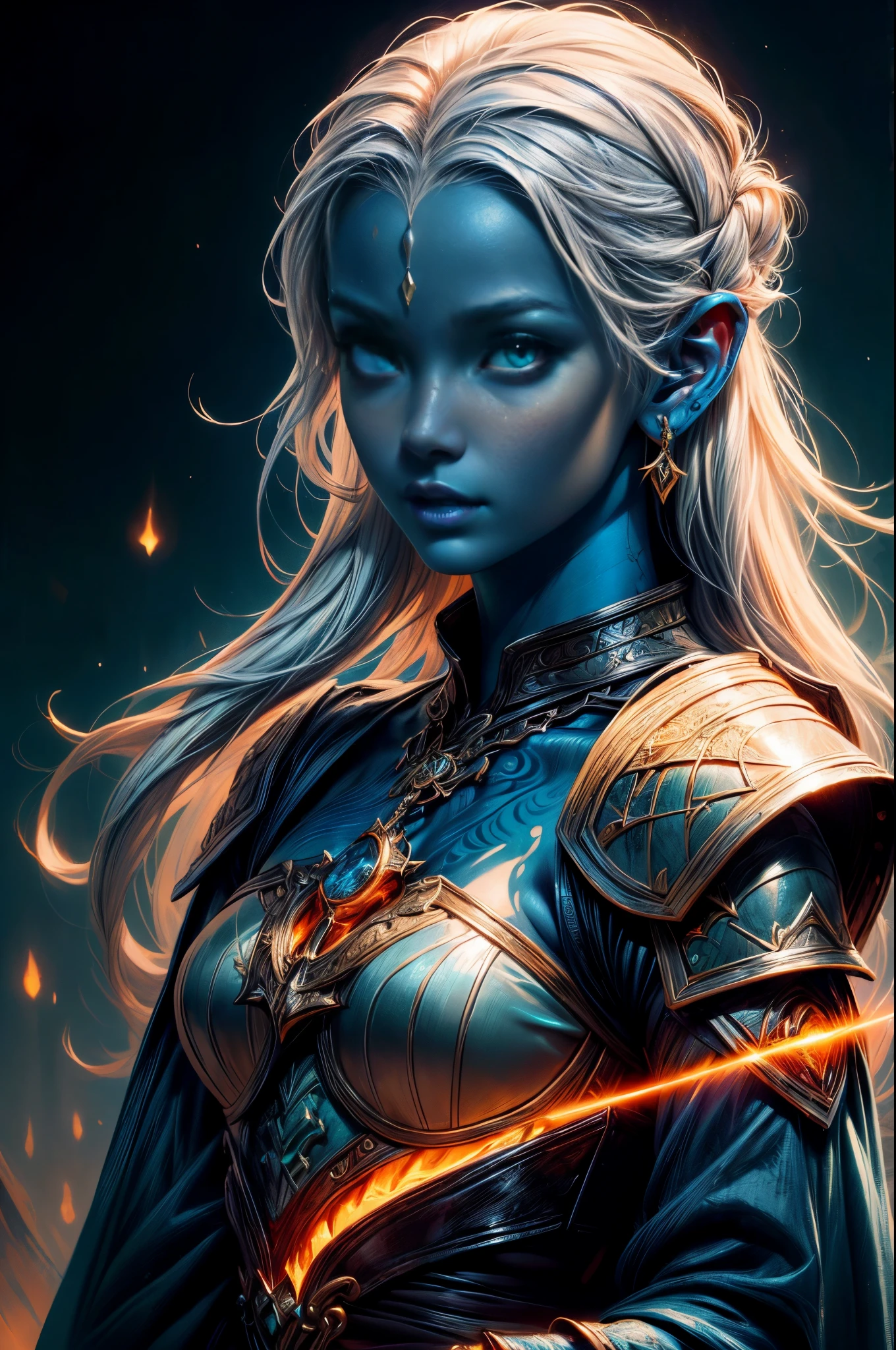 fantasy art, dnd art, RPG art, wide shot, (masterpiece: 1.4) portrait, intense details, highly detailed, photorealistic, best quality, highres, portrait a vedalken female (fantasy art, Masterpiece, best quality: 1.3) ((blue skin: 1.5)), intense details facial details, exquisite beauty, (fantasy art, Masterpiece, best quality) cleric, (blue colored skin: 1.5) 1person blue_skin, blue skinned female, (white hair: 1.3), long hair, intense green eye, ((no ears: 1.6)), fantasy art, Masterpiece, best quality) armed a fiery sword red fire, wearing heavy (white: 1.3) half plate mail armor, wearing high heeled laced boots, wearing an(orange :1.3) cloak, wearing glowing holy symbol GlowingRunes_yellow, within fantasy temple background, reflection light, high details, best quality, 16k, [ultra detailed], masterpiece, best quality, (extremely detailed), close up, ultra wide shot, photorealistic, RAW, fantasy art, dnd art, fantasy art, realistic art,((best quality)), ((masterpiece)), (detailed), perfect face