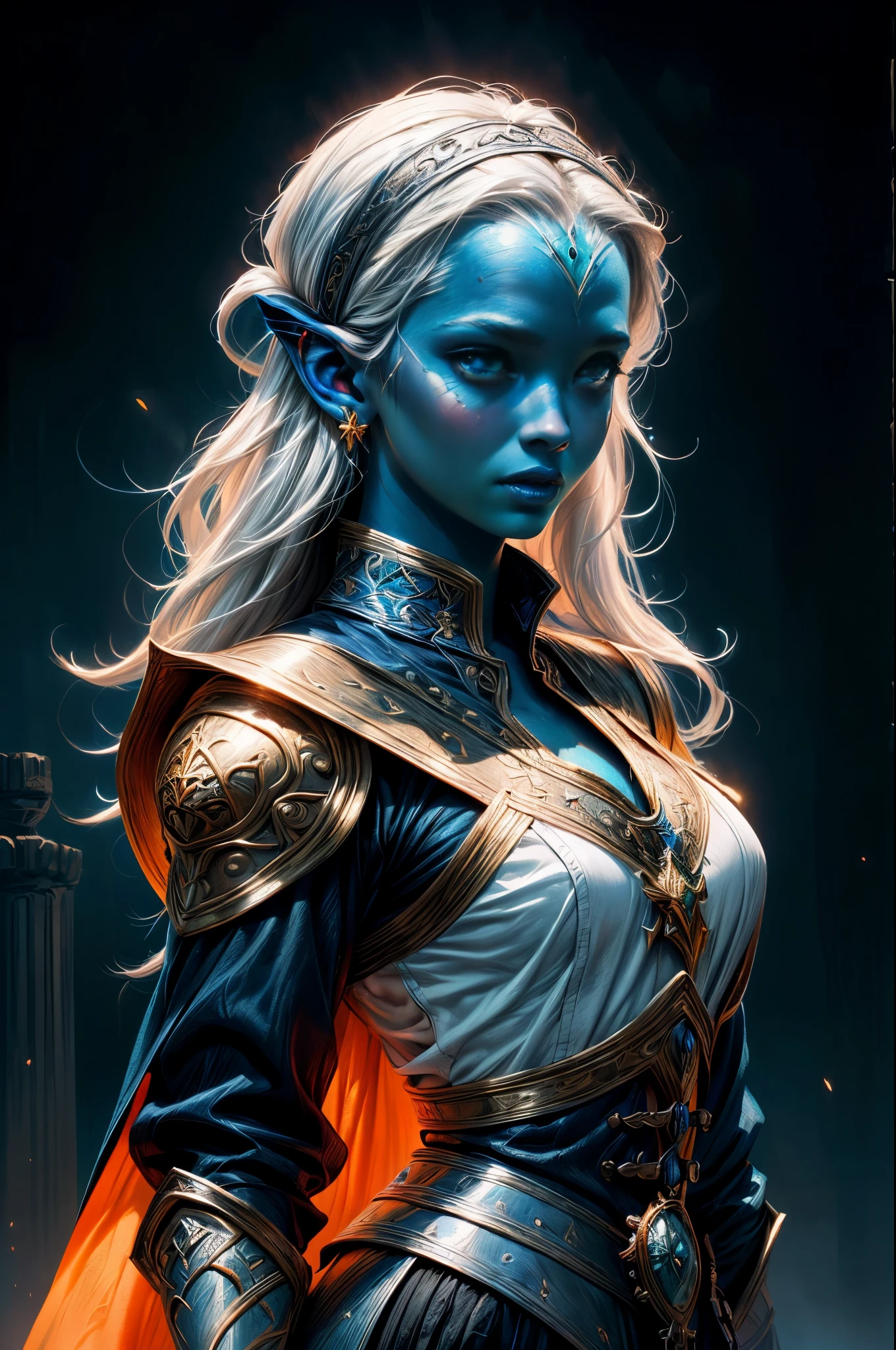 fantasy art, dnd art, RPG art, wide shot, (masterpiece: 1.4) portrait, intense details, highly detailed, photorealistic, best quality, highres, portrait a vedalken female (fantasy art, Masterpiece, best quality: 1.3) ((blue skin: 1.5)), intense details facial details, exquisite beauty, (fantasy art, Masterpiece, best quality) cleric, (blue colored skin: 1.5) 1person blue_skin, blue skinned female, (white hair: 1.3), long hair, intense green eye, ((no ears: 1.6)), fantasy art, Masterpiece, best quality) armed a fiery sword red fire, wearing heavy (white: 1.3) half plate mail armor, wearing high heeled laced boots, wearing an(orange :1.3) cloak, wearing glowing holy symbol GlowingRunes_yellow, within fantasy temple background, reflection light, high details, best quality, 16k, [ultra detailed], masterpiece, best quality, (extremely detailed), close up, ultra wide shot, photorealistic, RAW, fantasy art, dnd art, fantasy art, realistic art,((best quality)), ((masterpiece)), (detailed), perfect face