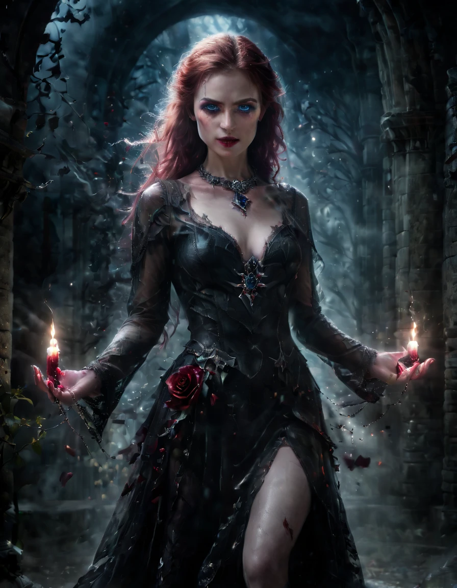 very young Vampire Princess,16 years old, full body, breathtakingly beautiful, deep blue eyes, redhair,(best quality,4k,8k,highres,masterpiece:1.2),ultra-detailed,(realistic,photorealistic,photo-realistic:1.37, raw quality),softly glowing pale skin,pure blooded,porcelain-like complexion,elegant and refined features,graceful posture,dark and mysterious atmosphere,gothic fashion,flowing black lace dress,touch of red in her clothes,dainty silver jewelry with ruby accents,subtle yet captivating smile,slightly pointed canines, gardens filled with blooming blood roses,vivid red petals contrasted with the darkness,enchanting moonlit night,dark and hauntingly beautiful castle in the background,splashes of moonlight illuminating her ethereal beauty,dark shadows and dramatic lighting,icy stare that freezes the hearts of those who dare to meet her gaze,air of authority and power,symbol of both danger and allure,night sky filled with swirling mist and sparkling stars,subtle color palette with shades of deep blue,purple,and black,subdued lighting with soft moonlight casting an ethereal glow,vibrant yet elegant style,with a touch of darkness and mystery, portraits, fantasy, horror, cementary, knife in hands with blood drops