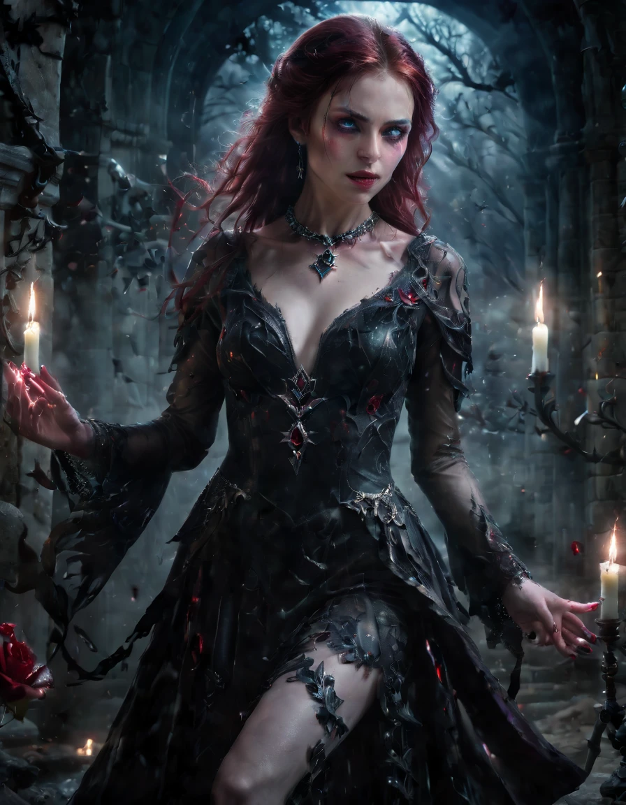 very young Vampire Princess,16 years old, full body, breathtakingly beautiful, deep blue eyes, redhair,(best quality,4k,8k,highres,masterpiece:1.2),ultra-detailed,(realistic,photorealistic,photo-realistic:1.37, raw quality),softly glowing pale skin,pure blooded,porcelain-like complexion,elegant and refined features,graceful posture,dark and mysterious atmosphere,gothic fashion,flowing black lace dress,touch of red in her clothes,dainty silver jewelry with ruby accents,subtle yet captivating smile,slightly pointed canines, gardens filled with blooming blood roses,vivid red petals contrasted with the darkness,enchanting moonlit night,dark and hauntingly beautiful castle in the background,splashes of moonlight illuminating her ethereal beauty,dark shadows and dramatic lighting,icy stare that freezes the hearts of those who dare to meet her gaze,air of authority and power,symbol of both danger and allure,night sky filled with swirling mist and sparkling stars,subtle color palette with shades of deep blue,purple,and black,subdued lighting with soft moonlight casting an ethereal glow,vibrant yet elegant style,with a touch of darkness and mystery, portraits, fantasy, horror, cementary, knife in hands with blood drops