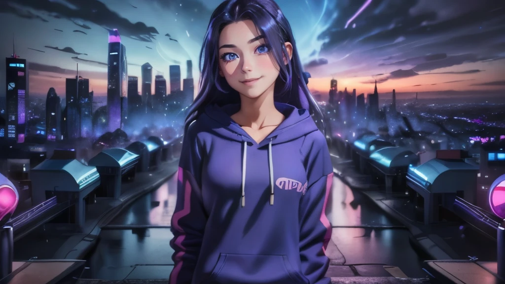 (Best quality), 1girl wearing a purple and blue hoodie and blue jeans shorts, smiling, blue eyes large breasts, sexy fit body figure, solo looking at viewer, long hair, blue and purple neon colors with a city in the background on a bridge 