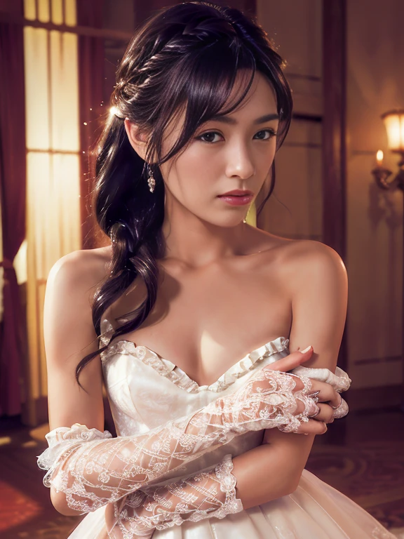 best quality, masterpiece, (photorealistic:1.4), 1girl, cowboy shot, luxury elegant bare shoulder deep v wedding dress, dramatic lighting, hair over shoulders, white gloves, v arms, luxury hall background, night, japanese face, braid hair,small breast