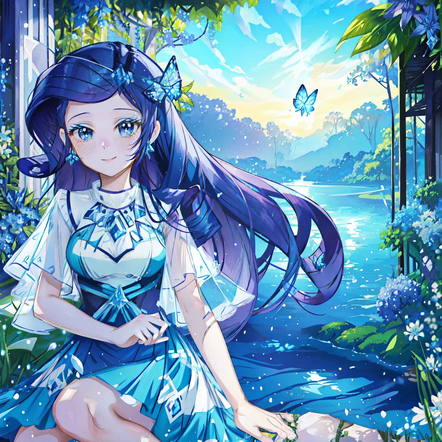 Rarity, rarity from my little pony, rarity in the form of a girl, lushes breast, curvy hips, dark purple curly hair, blue oceanic eyes, barefoot, white and blue dress, in a mythical garden, ethereal garden, sitting down on grass, waterfall, blue and white flowers everywhere, diamonds earrings, soft decent smile lavender flowers, lily pads on the river, day time, anime sky, beautiful glowing white and blue butterflies, flowers everywhere, leaf vines, clear blue sky, bright day, highly detailed lighting, yellow pour light, ( captivating blue garden ), blue flower, soft atmosphere