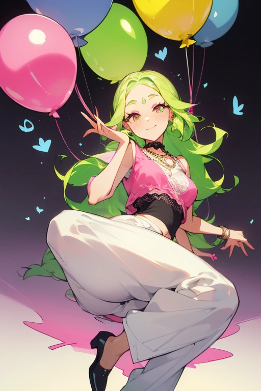 (Masterpiece: 1.5, Best quality, High resolution: 1.3, Super resolution, Super detailed, Ultra detailed: 1.3, Rich background: 1.2, 1 girl)) pale skin + long lime green hair + braided hair + pink eyes + eyelashes long + two hearts on cheeks + soft thighs + medium chest + long legs (pink top, white hippie lace jacket, black wide pants, high shoes, pearl necklace, cute hippie style) ((animated smile, pose holding a balloon approaching to the viewer) (colors used: white, light blue, pink, black, yellow +lime green