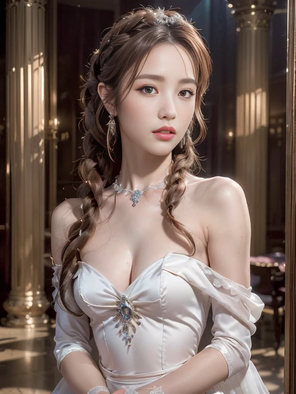 best quality, masterpiece, (photorealistic:1.4), 1girl, cowboy shot, luxury elegant bare shoulder deep v wedding dress, dramatic lighting, hair over shoulders, white gloves, v arms, luxury hall background, night, japanese face, braid hair,small breast