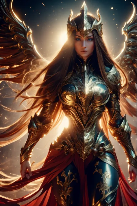 WINGED WOMAN, SAINT WOMAN, HUGE LONG HAIR, BROWN HAIR, HUGE BROWN FEATHERS, GOLD BODY ARMOUR, LONG BLUE BODYSUIT, PALE SKIN, BLU...