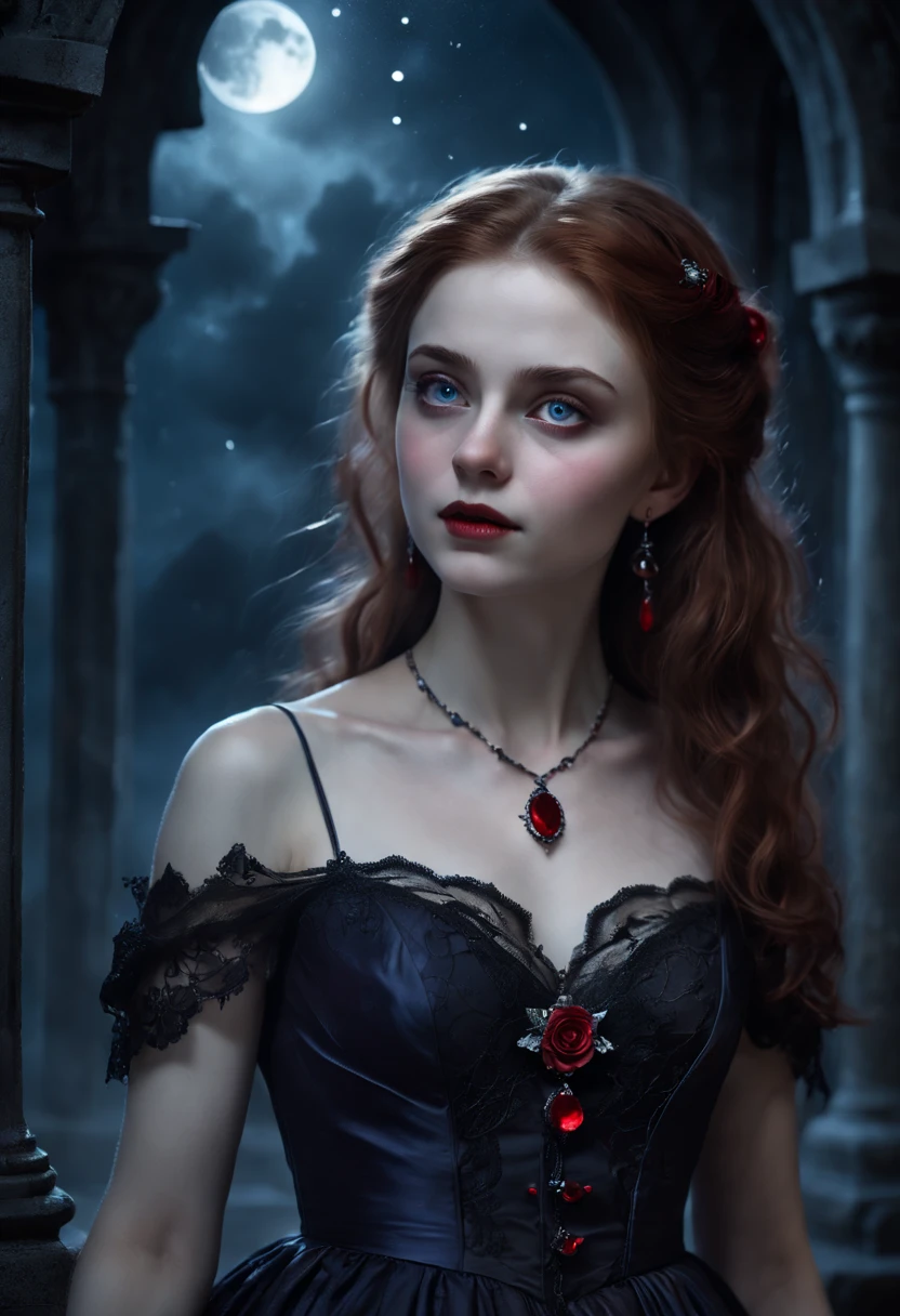 very young Vampire Princess,16 years old, full body, breathtakingly beautiful, deep blue eyes, redhair,(best quality,4k,8k,highres,masterpiece:1.2),ultra-detailed,(realistic,photorealistic,photo-realistic:1.37, raw quality),softly glowing pale skin,pure blooded,porcelain-like complexion,elegant and refined features,graceful posture,dark and mysterious atmosphere,gothic fashion,flowing black lace dress,touch of red in her clothes,dainty silver jewelry with ruby accents,subtle yet captivating smile,slightly pointed canines, gardens filled with blooming blood roses,vivid red petals contrasted with the darkness,enchanting moonlit night,dark and hauntingly beautiful castle in the background,splashes of moonlight illuminating her ethereal beauty,dark shadows and dramatic lighting,icy stare that freezes the hearts of those who dare to meet her gaze,air of authority and power,symbol of both danger and allure,night sky filled with swirling mist and sparkling stars,subtle color palette with shades of deep blue,purple,and black,subdued lighting with soft moonlight casting an ethereal glow,vibrant yet elegant style,with a touch of darkness and mystery, portraits, fantasy, horror, cementary, knife in hands with blood drop
