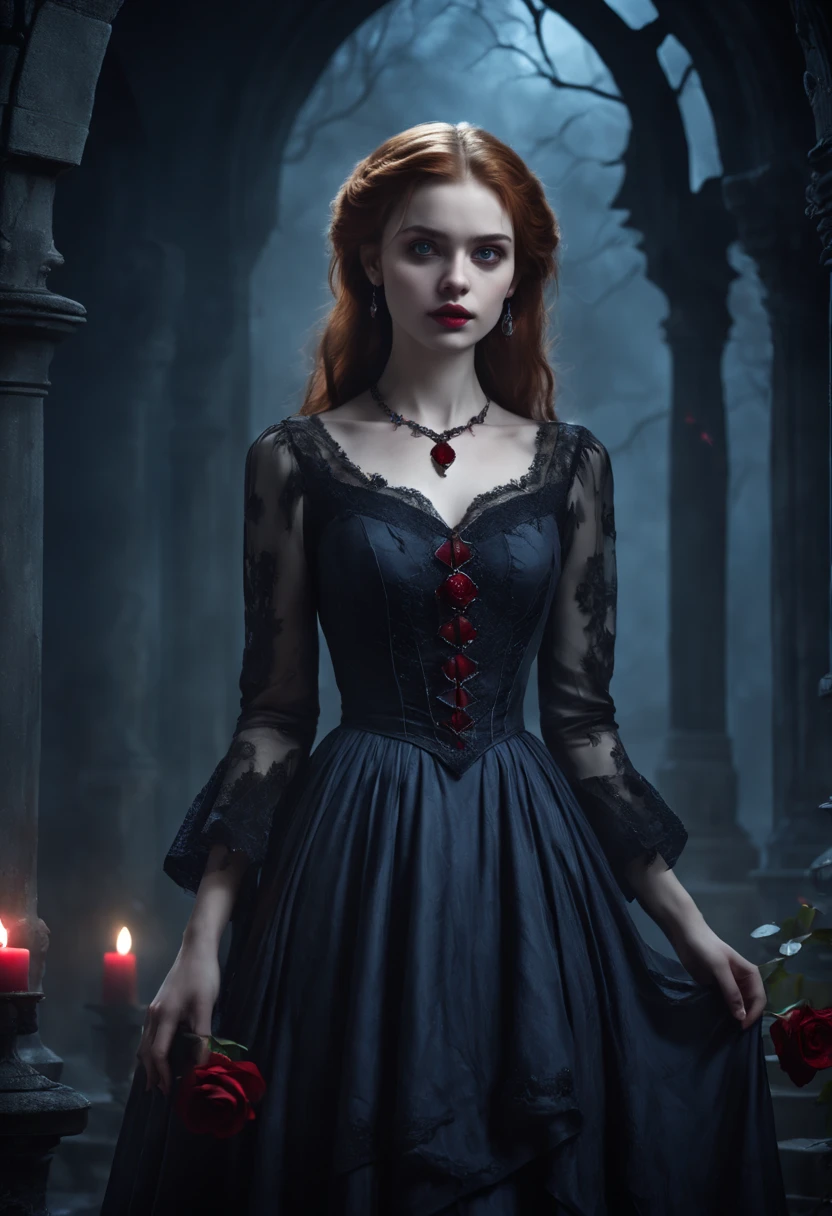 very young Vampire Princess,16 years old, full body, breathtakingly beautiful, deep blue eyes, redhair,(best quality,4k,8k,highres,masterpiece:1.2),ultra-detailed,(realistic,photorealistic,photo-realistic:1.37, raw quality),softly glowing pale skin,pure blooded,porcelain-like complexion,elegant and refined features,graceful posture,dark and mysterious atmosphere,gothic fashion,flowing black lace dress,touch of red in her clothes,dainty silver jewelry with ruby accents,subtle yet captivating smile,slightly pointed canines, gardens filled with blooming blood roses,vivid red petals contrasted with the darkness,enchanting moonlit night,dark and hauntingly beautiful castle in the background,splashes of moonlight illuminating her ethereal beauty,dark shadows and dramatic lighting,icy stare that freezes the hearts of those who dare to meet her gaze,air of authority and power,symbol of both danger and allure,night sky filled with swirling mist and sparkling stars,subtle color palette with shades of deep blue,purple,and black,subdued lighting with soft moonlight casting an ethereal glow,vibrant yet elegant style,with a touch of darkness and mystery, portraits, fantasy, horror, cementary, knife in hands with blood drop