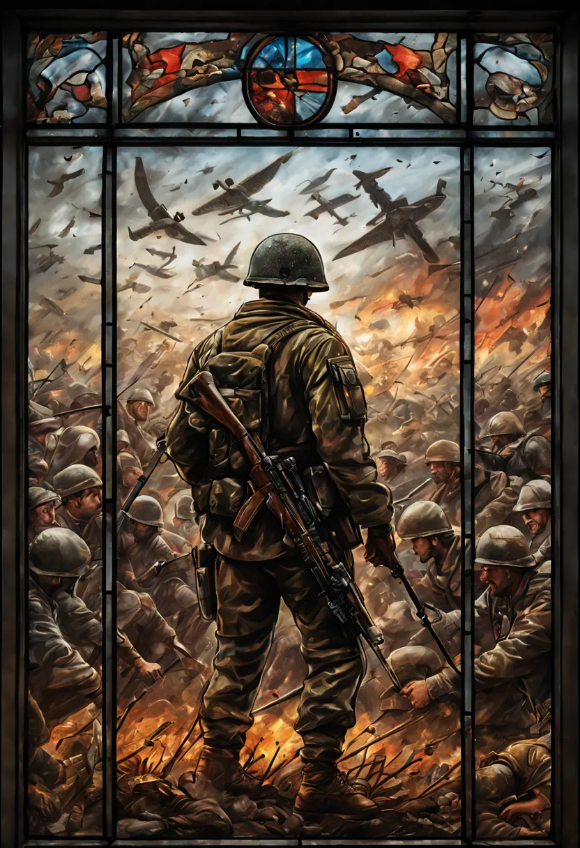 stained glas window art with the depiction of a lone man standing on a battle field surrounded by fallen men, call of duty style...