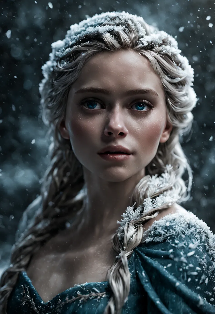 Very Close-up of disney elsa, wet pale skin , first snow, flakes, partial snow cover, cinematic film still, breathtaking, Fallin...