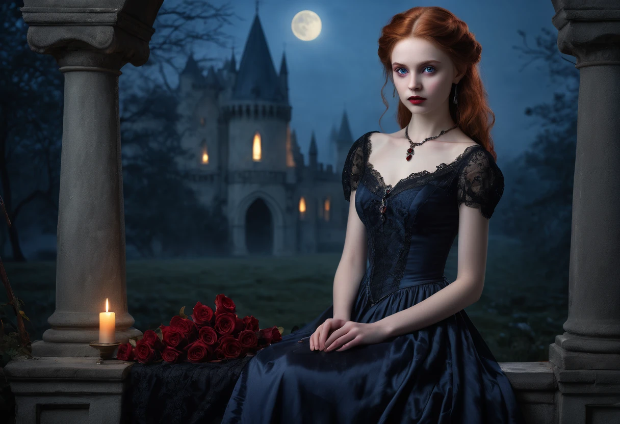 very young Vampire Princess,16 years old, full body, breathtakingly beautiful, deep blue eyes, redhair,(best quality,4k,8k,highres,masterpiece:1.2),ultra-detailed,(realistic,photorealistic,photo-realistic:1.37, raw quality),softly glowing pale skin,pure blooded,porcelain-like complexion,elegant and refined features,graceful posture,dark and mysterious atmosphere,gothic fashion,flowing black lace dress,touch of red in her clothes,dainty silver jewelry with ruby accents,subtle yet captivating smile,slightly pointed canines, gardens filled with blooming blood roses,vivid red petals contrasted with the darkness,enchanting moonlit night,dark and hauntingly beautiful castle in the background,splashes of moonlight illuminating her ethereal beauty,dark shadows and dramatic lighting,icy stare that freezes the hearts of those who dare to meet her gaze,air of authority and power,symbol of both danger and allure,night sky filled with swirling mist and sparkling stars,subtle color palette with shades of deep blue,purple,and black,subdued lighting with soft moonlight casting an ethereal glow,vibrant yet elegant style,with a touch of darkness and mystery, portraits, fantasy, horror, cementary, knife in hands with blood drop