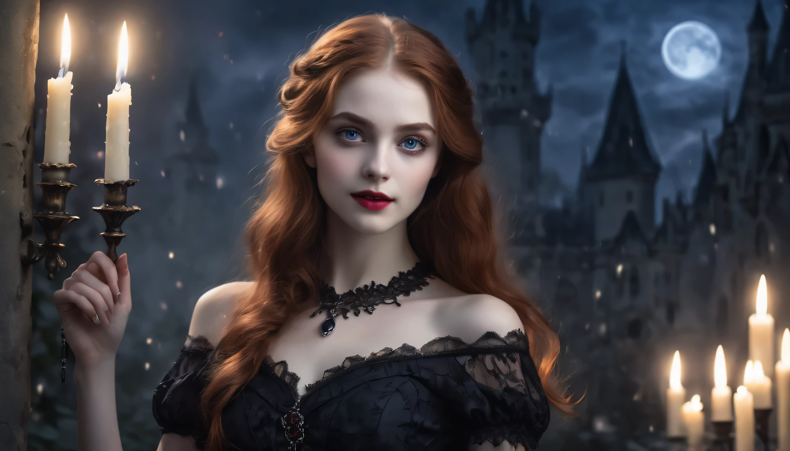 very young Vampire Princess,16 years old, full body, breathtakingly beautiful, deep blue eyes, redhair,(best quality,4k,8k,highres,masterpiece:1.2),ultra-detailed,(realistic,photorealistic,photo-realistic:1.37, raw quality),softly glowing pale skin,pure blooded,porcelain-like complexion,elegant and refined features,graceful posture,dark and mysterious atmosphere,gothic fashion,flowing black lace dress,touch of red in her clothes,dainty silver jewelry with ruby accents,subtle yet captivating smile,slightly pointed canines, gardens filled with blooming blood roses,vivid red petals contrasted with the darkness,enchanting moonlit night,dark and hauntingly beautiful castle in the background,splashes of moonlight illuminating her ethereal beauty,dark shadows and dramatic lighting,icy stare that freezes the hearts of those who dare to meet her gaze,air of authority and power,symbol of both danger and allure,night sky filled with swirling mist and sparkling stars,subtle color palette with shades of deep blue,purple,and black,subdued lighting with soft moonlight casting an ethereal glow,vibrant yet elegant style,with a touch of darkness and mystery, portraits, fantasy, horror, cementary, knife in hands with blood drop, smoke
