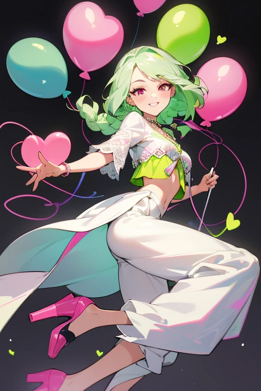 (Masterpiece: 1.5, Best quality, High resolution: 1.3, Super resolution, Super detailed, Ultra detailed: 1.3, Rich background: 1.2, 1 girl)) pale skin + long lime green hair + braided hair + pink eyes + eyelashes long + two hearts on cheeks + soft thighs + medium chest + long legs (pink top, white hippie lace jacket, black wide pants, high shoes, pearl necklace, cute hippie style) ((animated smile, pose holding a balloon approaching to the viewer) (colors used: white, light blue, pink, black, yellow +lime green))