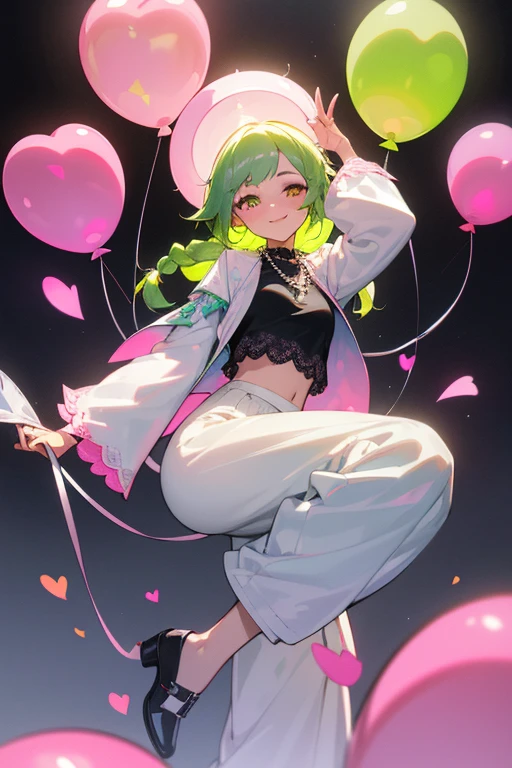 (Masterpiece: 1.5, Best quality, High resolution: 1.3, Super resolution, Super detailed, Ultra detailed: 1.3, Rich background: 1.2, 1 girl )) pale skin + long lime green hair + braided hair + pink eyes + eyelashes long + two hearts on cheeks + soft thighs + medium chest + long legs (pink top, white hippie lace jacket, black wide pants, high shoes, pearl necklace, cute hippie style) ((animated smile, pose holding a balloon approaching to the viewer) (colors used: white, light blue, pink, black, yellow +lime green))