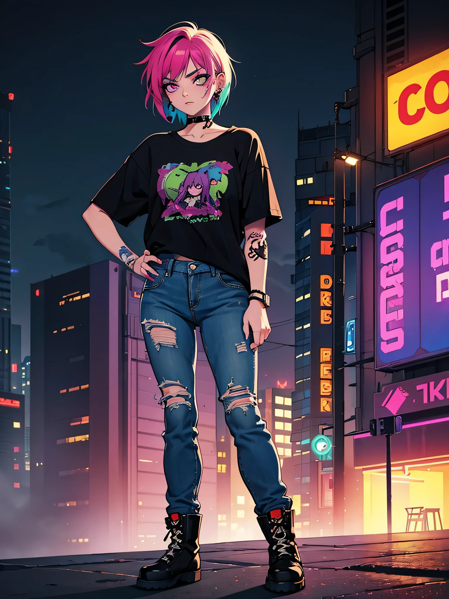 alternative girl,illustration,bright hair,colorful tattoos,piercings,grunge style,edgy makeup,distressed jeans,band t-shirt,vintage boots,fierce expression,confident pose,foggy background,city skyline,neon lights,dark and moody colors,soft ambient lighting