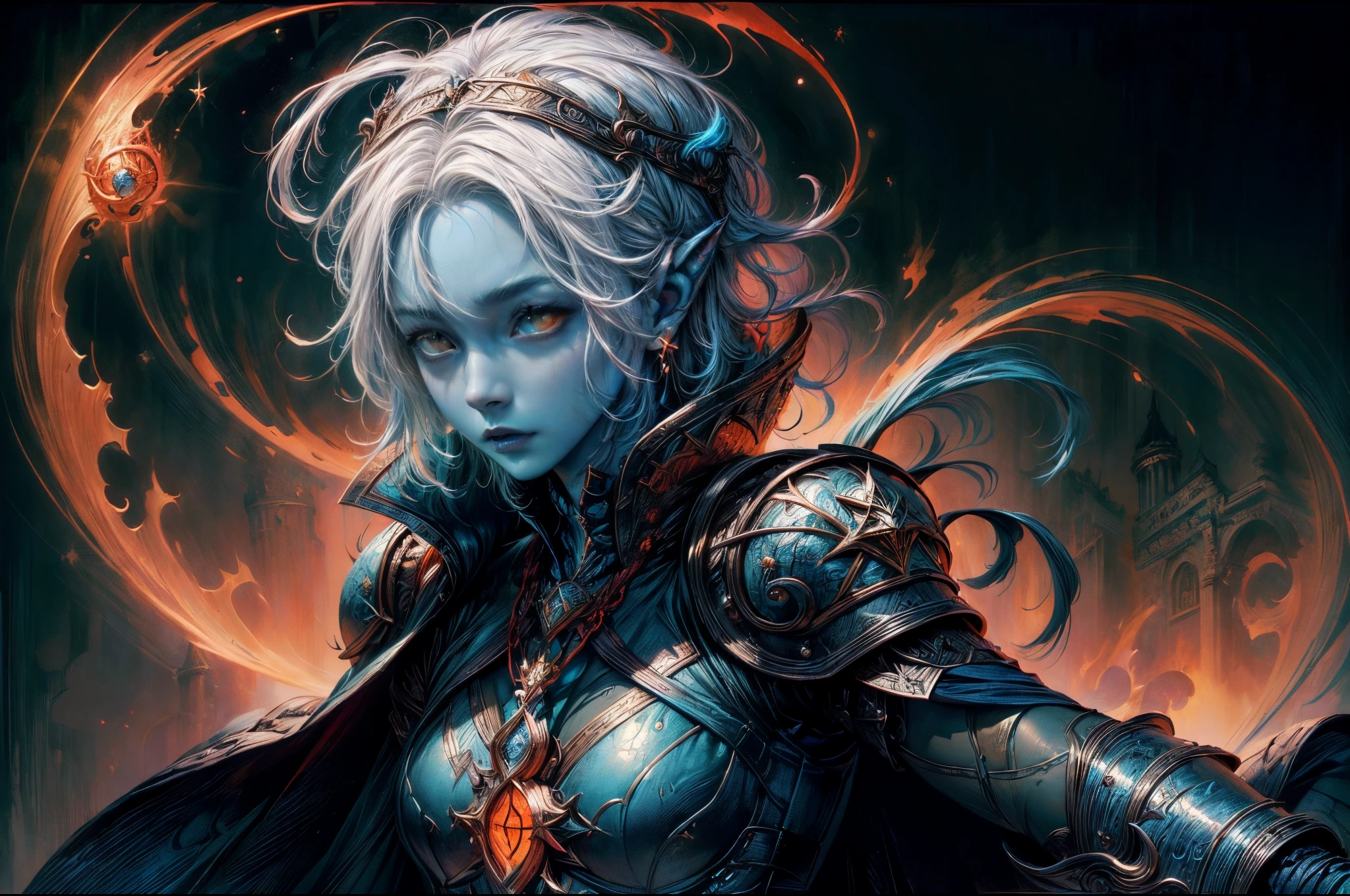 A woman with white hair and a blue face in armor - SeaArt AI