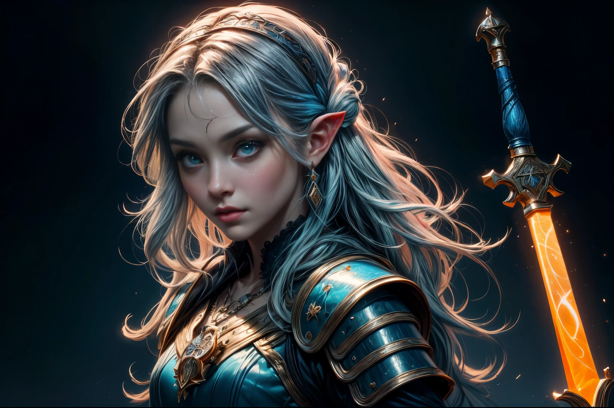 fantasy art, dnd art, RPG art, wide shot, (masterpiece: 1.4) portrait, intense details, highly detailed, photorealistic, best quality, highres, portrait a vedalken female (fantasy art, Masterpiece, best quality: 1.3) ((blue skin: 1.5)), intense details facial details, exquisite beauty, (fantasy art, Masterpiece, best quality) cleric, (blue colored skin: 1.5), blue skinned female, (white hair: 1.3), long hair, intense green eye, ((no ears: 1.6)), fantasy art, Masterpiece, best quality) armed a fiery sword red fire, wearing heavy (white: 1.3) half plate mail armor, wearing high heeled laced boots, wearing an(orange :1.3) cloak, wearing glowing holy symbol GlowingRunes_yellow, within fantasy temple background, reflection light, high details, best quality, 16k, [ultra detailed], masterpiece, best quality, (extremely detailed), close up, ultra wide shot, photorealistic, RAW, fantasy art, dnd art, fantasy art, realistic art,((best quality)), ((masterpiece)), (detailed), perfect face