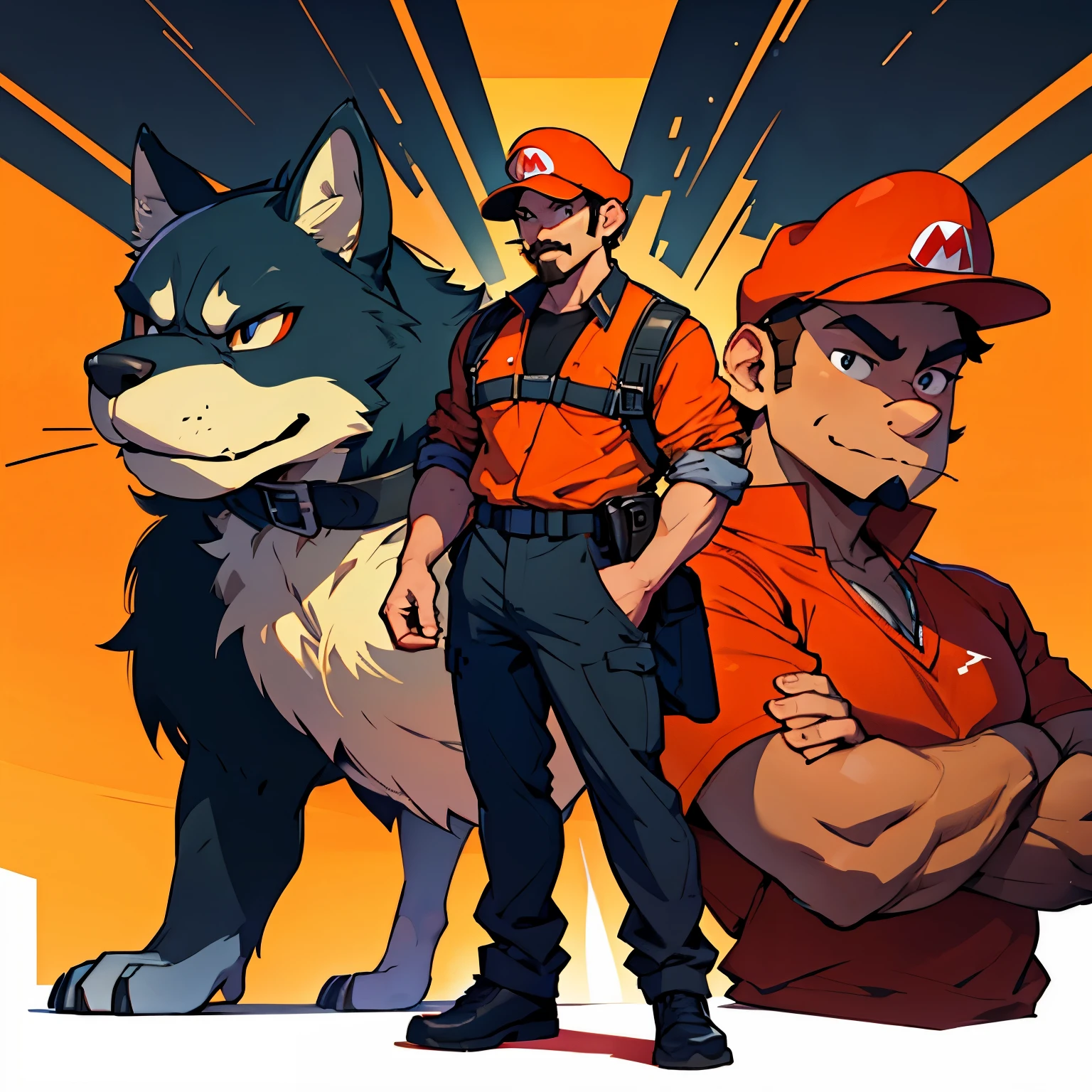 Mario Brother, handy man, simple design, colour theme black and orange