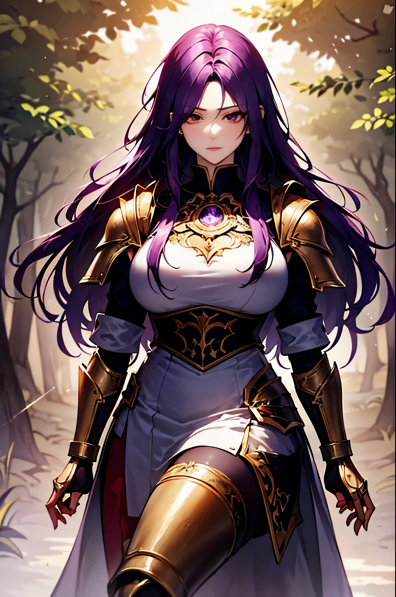 sexy style, 1 teenager, mature, tall, age around 20 years old, dark purple hair, long hair, straight hair, violent eyes, wearing armor, shoulder armor, black medieval armor, armor with golden details, dress open on the sides , open legs showing, sexy legs, use of a red katana, mystical forest scene, perfect lighting, illustration style.