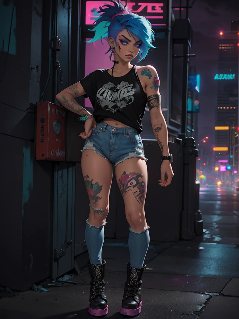 alternative girl,illustration,bright hair,colorful tattoos,piercings,grunge style,edgy makeup,distressed jeans,band t-shirt,vintage boots,fierce expression,confident pose,foggy background,city skyline,neon lights,dark and moody colors,soft ambient lighting