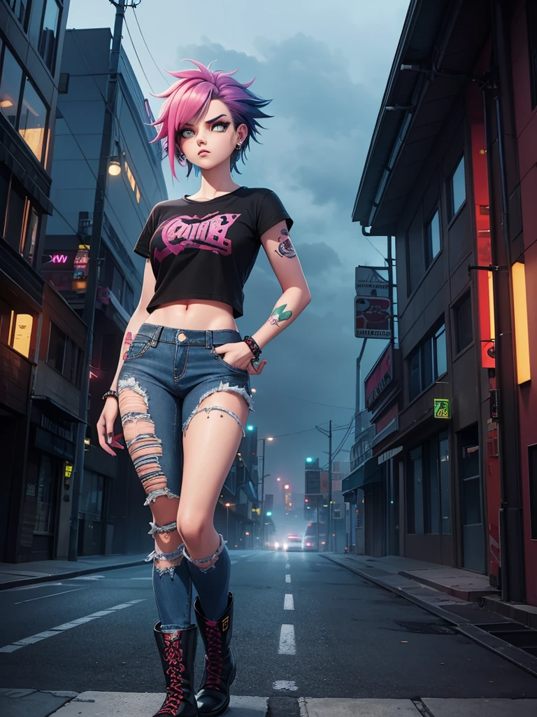 alternative girl,illustration,bright hair,colorful tattoos,piercings,grunge style,edgy makeup,distressed jeans,band t-shirt,vintage boots,fierce expression,confident pose,foggy background,city skyline,neon lights,dark and moody colors,soft ambient lighting