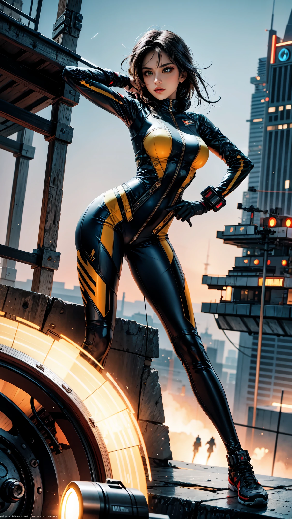 ((Masterpiece in high definition)), retro-futuristic style with steampunk elements. | In this sci-fi_futuristic scenario, a fearless woman advances with confidence through the urban environment. His futuristic jumpsuit, ornamented with pulsating light lines, highlights the harmony between technological aesthetics and his determination in the fight for nature. The cover displays rebellious symbols, emphasizing his role as a leader. The cyber mask enhances your determined eyes as it approaches the imposing energy tower. The metal structure, dominating the horizon, emanates intense light and technological activity, while the woman prepares to challenge the corporation and restore the balance between technology and nature in the floating city. | The composition enhances the determined attitude of the woman, with the cyber mask highlighting her expressive eyes. The intense lighting of the energy tower creates an atmosphere of challenge, highlighting the battle between technological and natural elements. | Futuristic scene of a fearless woman challenging a corporation in a floating city, highlighting the harmony between technological aesthetics and the struggle for nature. | {The camera is positioned very close to her, revealing her entire body as she adopts a dynamic_pose, interacting with and leaning on a structure in the scene in an exciting way} | ((perfect_pose):1), She is adopting a ((dynamic_pose as interacts, boldly leaning on a structure, leaning back in a dynamic way):1.3), ((full body)), ((hands_with_5_fingers):1), ((perfect_fingers):1), ((perfect_legs):1), better_hands, More_Detail.