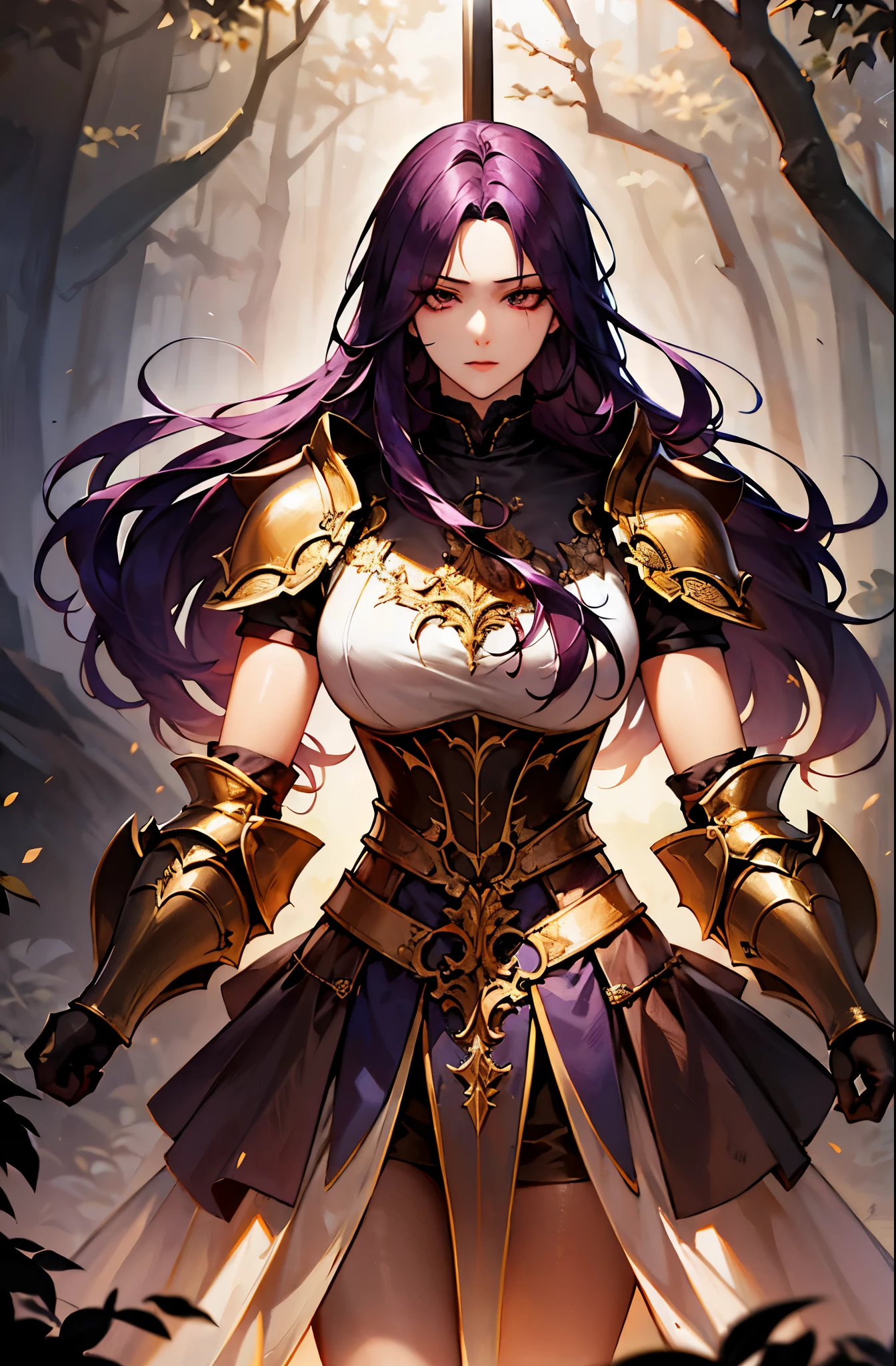 sexy style, 1 woman, mature, tall, dark purple hair, long hair, straight hair, violent eyes, delicate, feminine face, wearing shoulder armor, black medieval armor, armor with golden details, dress open on the sides, legs open to the shows, sexy legs, use of a red katana, mystical forest scene, perfect lighting, illustration style.