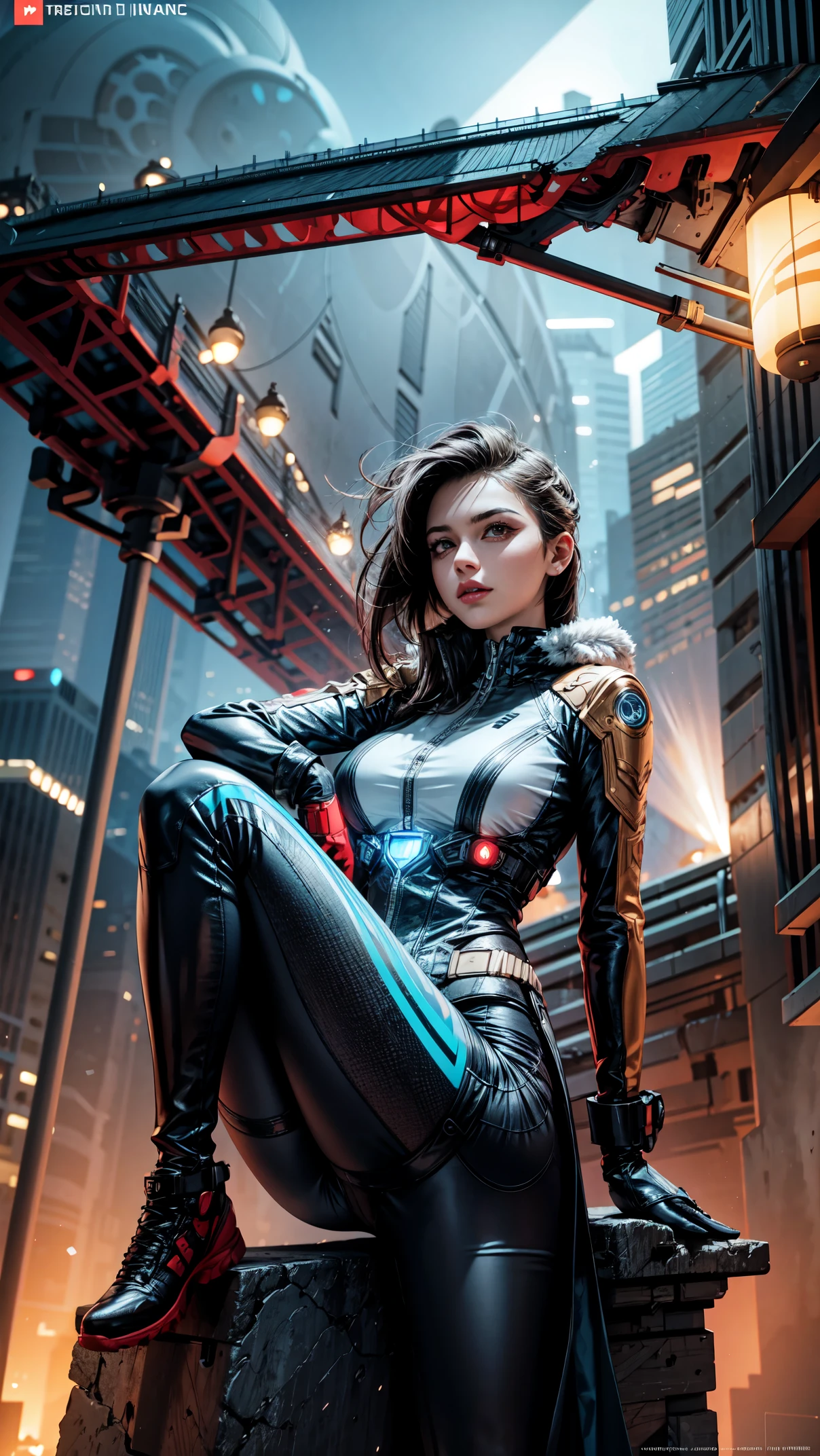 ((Masterpiece in high definition)), retro-futuristic style with steampunk elements. | In this sci-fi_futuristic scenario, a fearless woman advances with confidence through the urban environment. His futuristic jumpsuit, ornamented with pulsating light lines, highlights the harmony between technological aesthetics and his determination in the fight for nature. The cover displays rebellious symbols, emphasizing his role as a leader. The cyber mask enhances your determined eyes as it approaches the imposing energy tower. The metal structure, dominating the horizon, emanates intense light and technological activity, while the woman prepares to challenge the corporation and restore the balance between technology and nature in the floating city. | The composition enhances the determined attitude of the woman, with the cyber mask highlighting her expressive eyes. The intense lighting of the energy tower creates an atmosphere of challenge, highlighting the battle between technological and natural elements. | Futuristic scene of a fearless woman challenging a corporation in a floating city, highlighting the harmony between technological aesthetics and the struggle for nature. | {The camera is positioned very close to her, revealing her entire body as she adopts a dynamic_pose, interacting with and leaning on a structure in the scene in an exciting way} | ((perfect_pose):1), She is adopting a ((dynamic_pose as interacts, boldly leaning on a structure, leaning back in a dynamic way):1.3), ((full body)), ((hands_with_5_fingers):1), ((perfect_fingers):1), ((perfect_legs):1), better_hands, More_Detail.