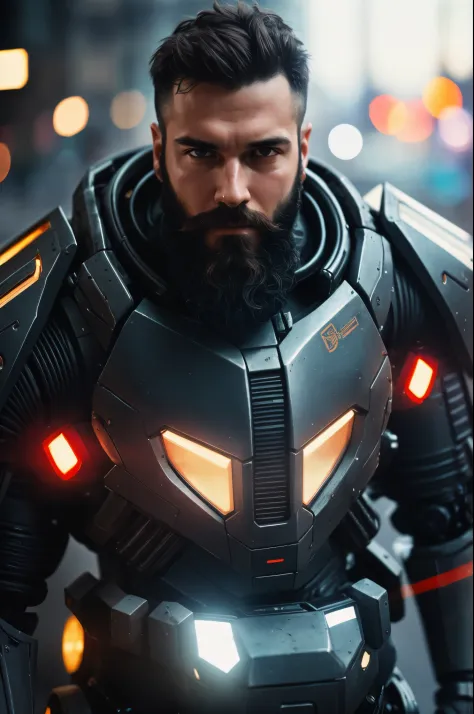 Portrait photo of muscular bearded guy in a worn mech suit, ((light bokeh)), intricaeel metal [rusegant, sharp focus, photo by greg rutkowski, soft lighting, vibrant colors, masterpiece, ((streets)), detailed face