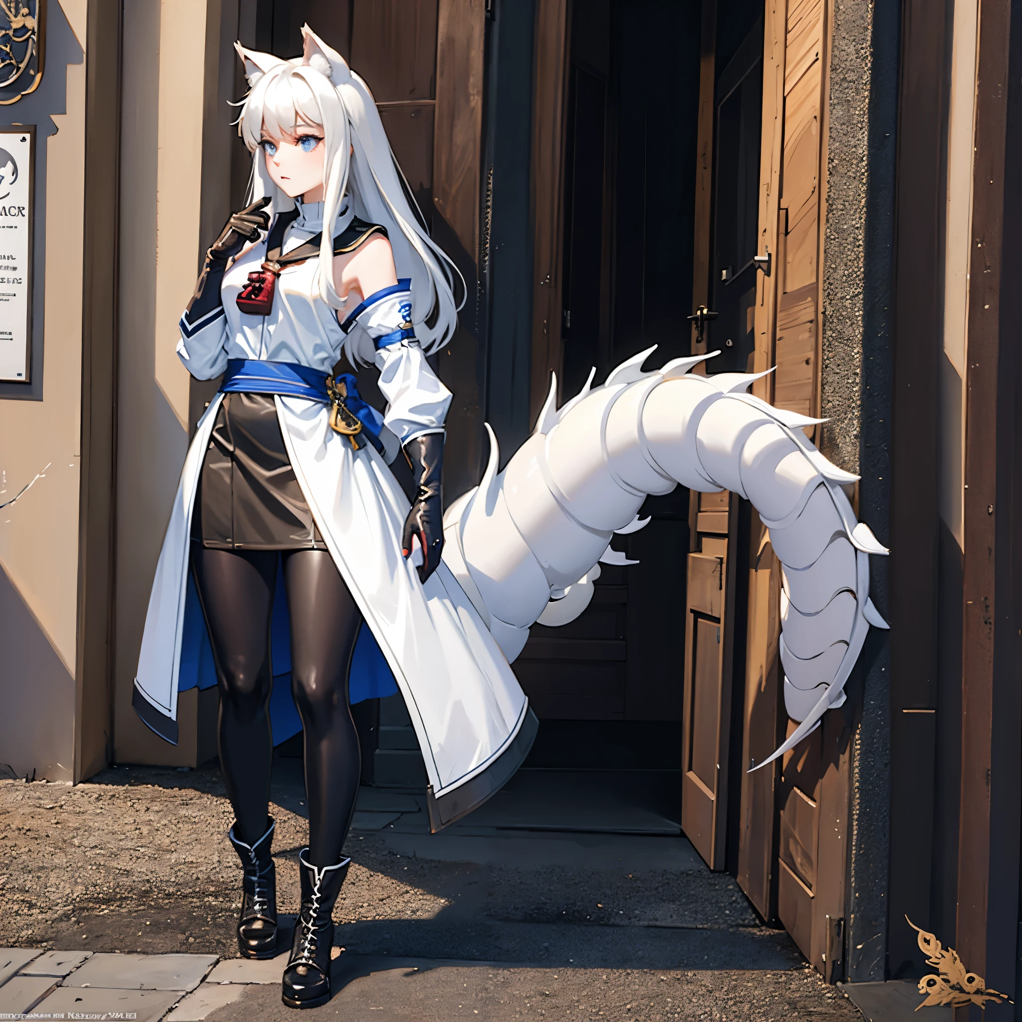 8k, resolution, high quality, high resolution, best quality, best resolution, absurd resolution, ray tracing, high detailed, masterpiece, extremely detailed,shoulder length white hair, female,white 2 wolf ears, teenage girl, slim body, white scale dragon tail,black boots,black leggings, school skirt, white jacket, medium size chest, detailed blue eyes, detailed beautiful face,solo female,1 dragon tail, detailed eyes, tomboyish