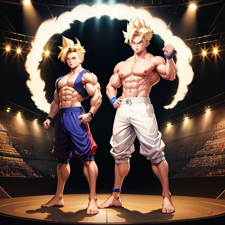 , High quality full body image of Gohan as a bodybuilder, He&#39;s only wearing thong briefs, ohne Schuhe, Feet, bare Feet, mass...