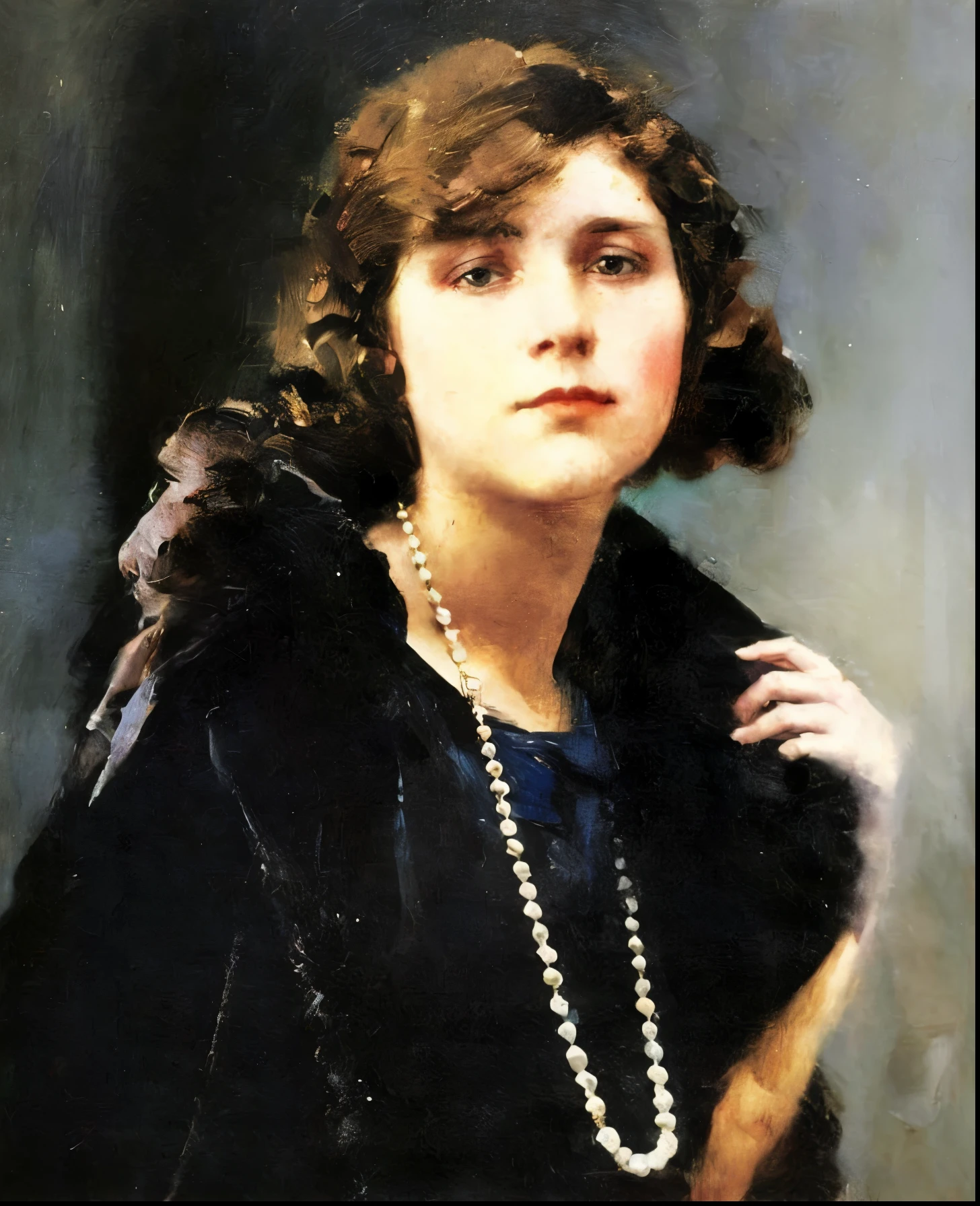 una mujer sofisticada con un collar de perlas y un abrigo de piel, retrato de medio cuerpo, modelo mirando a la cámara, retrato de personaje de Adolf Fényes, sociedad cg, Art Nouveau, década de 1920, retrato de estudio, elegante al estilo de una pintura al óleo, 1600, detalle exquisito, Pintura barroca, iluminación voluminosa, pinceladas pictóricas, Edgar Degas, John Singer Sargent, John William Waterhouse, obra maestra