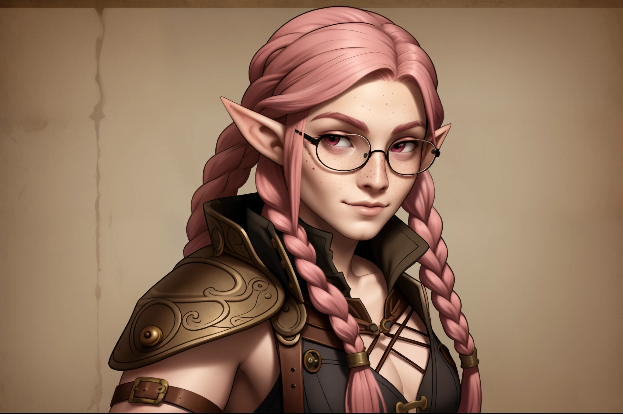    
Beautiful Elf posing. with freckles and glasses and long pink hair braided, warrior. steampunk.

