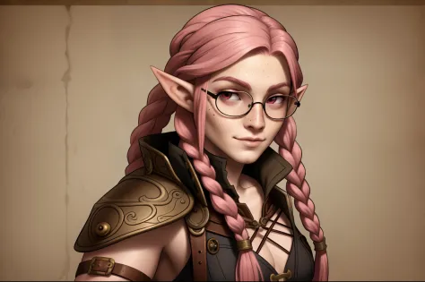 beautiful elf posing. with freckles and glasses and long pink hair braided, warrior. steampunk.