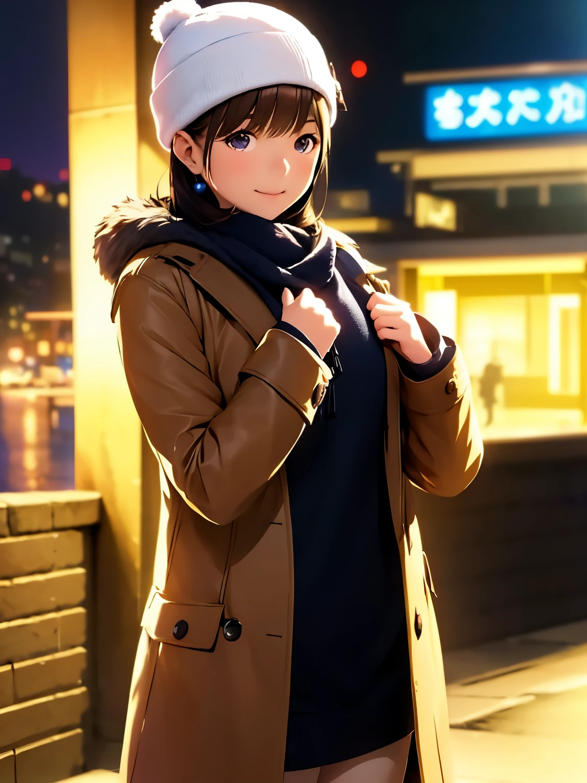 High resolution,8K,best quality,detailed,semi-realistic anime,Anime 3D Style,Smooth Anime CG,1peopleの女の子,20 year old woman in Japan,slim,model,shiny chestnut hair,medium hair,detailedに書かれた顔,綺麗でdetailedな瞳,glowing skin,(cook coat,Layering,winterの服,knit hat),beautiful earrings,winter,cold morning in december,Christmas,(street:0.8), (people, large crowd:1),hard focus particles,soft lighting,look at the audience,A sluggish smile